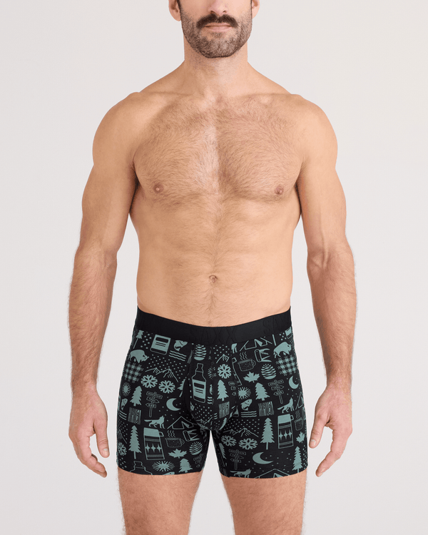 Front - Model wearing DropTemp Cooling Cotton Boxer Brief Fly in Camp Stamps-Black