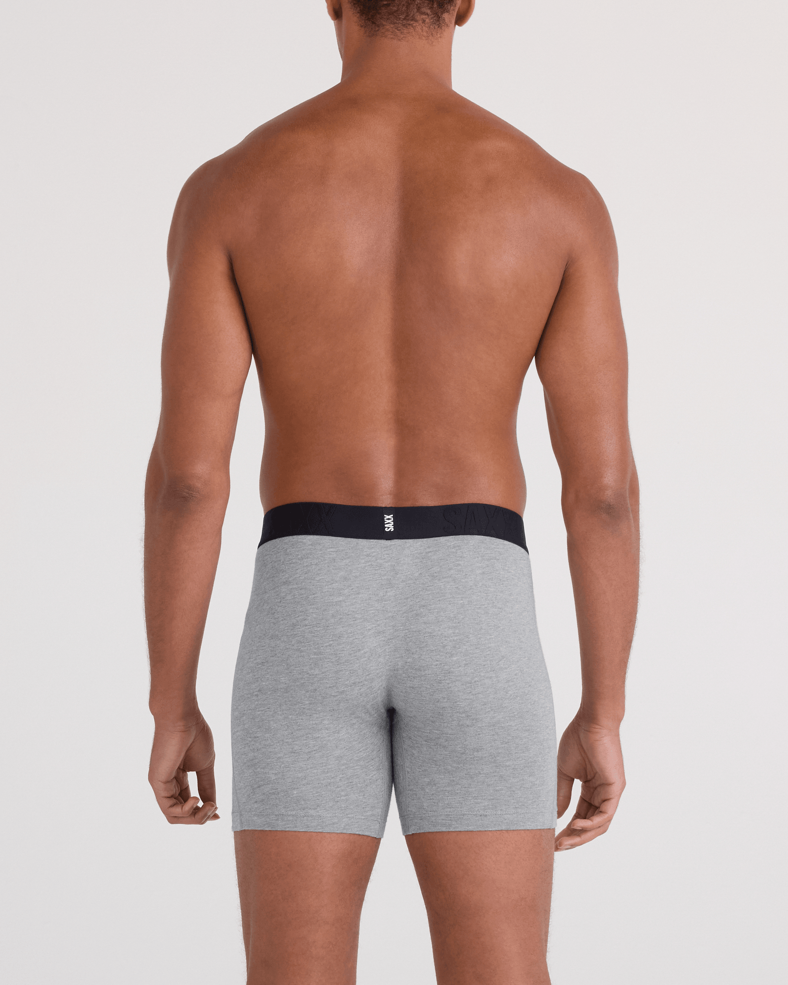 Back - Model wearing DropTemp Cooling Cotton Boxer Brief Fly in Dark Grey Heather
