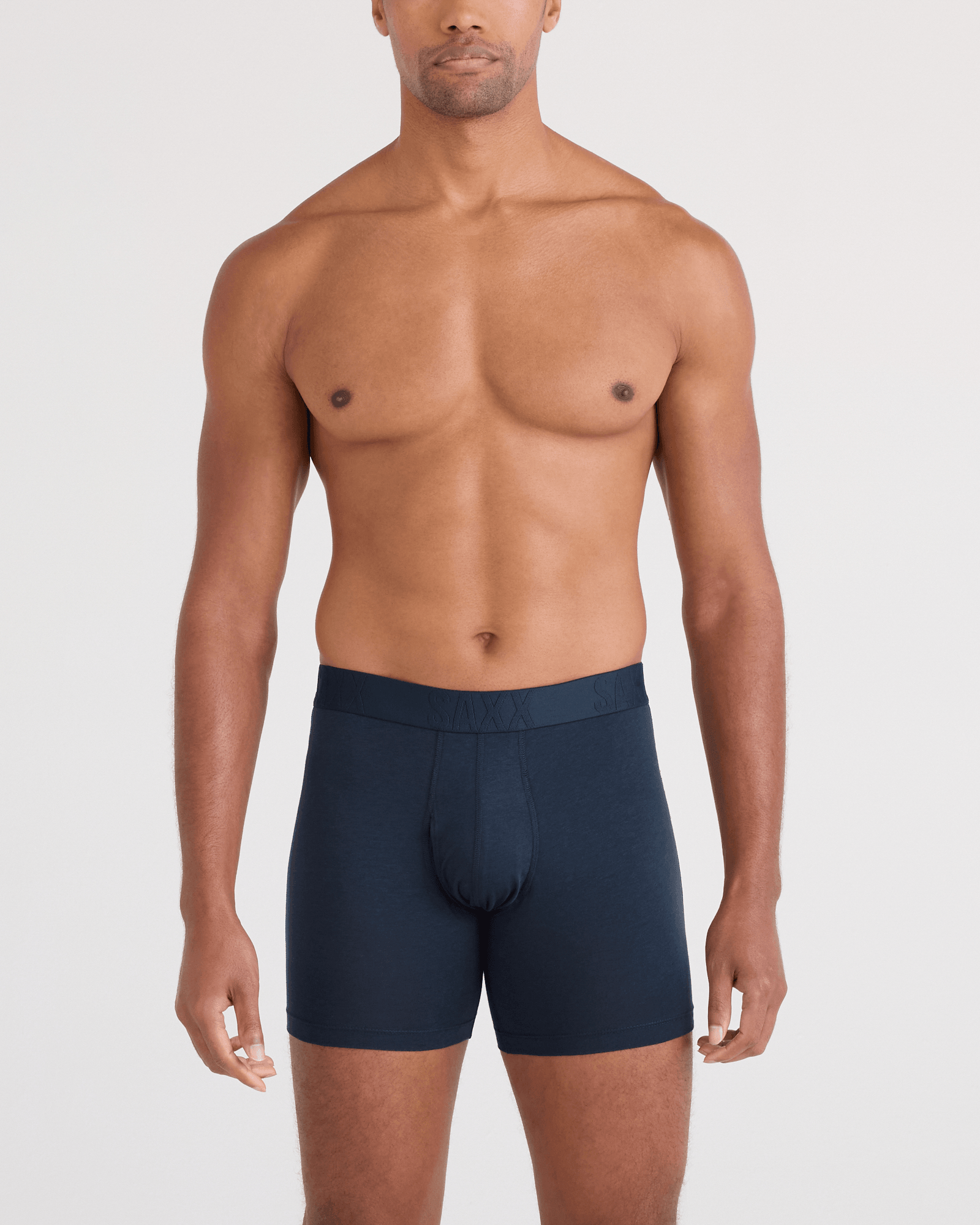 Front - Model wearing DropTemp Cooling Cotton Boxer Brief Fly 2 Pack in Dark Ink/Black