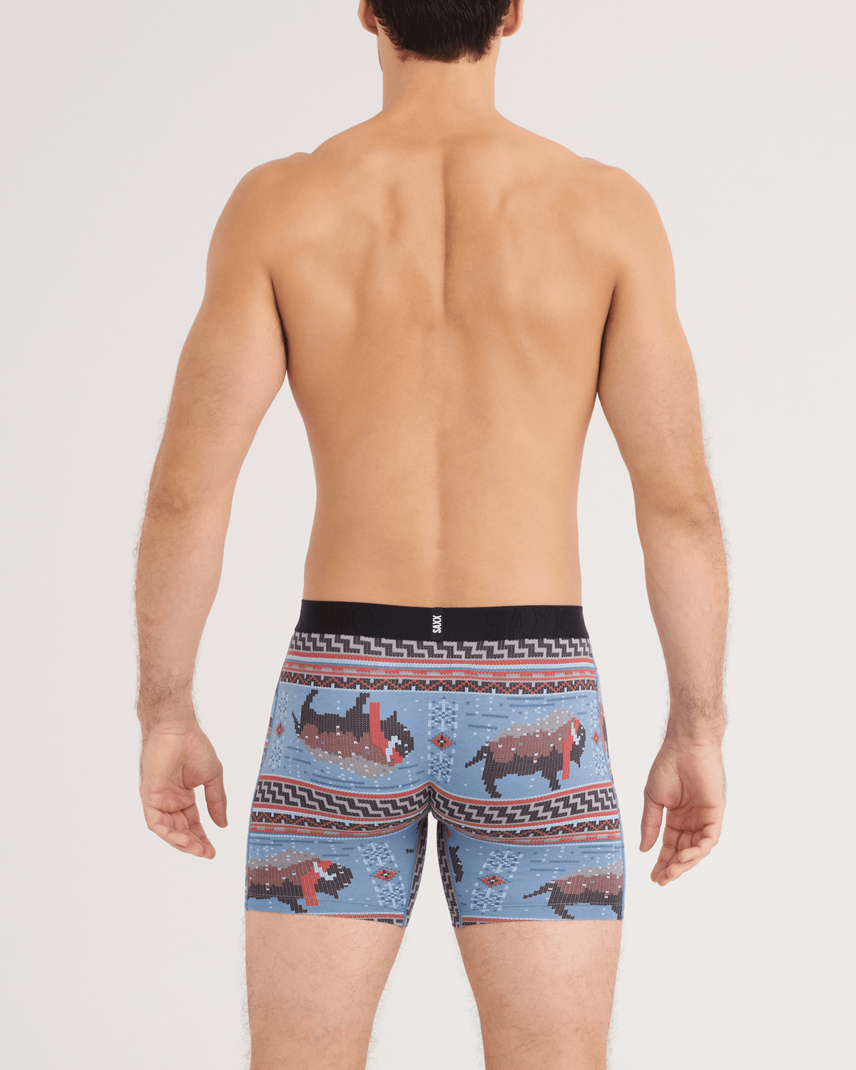 Back - Model wearing DropTemp Cooling Cotton Boxer Brief in Fluffalo-Washed Blue