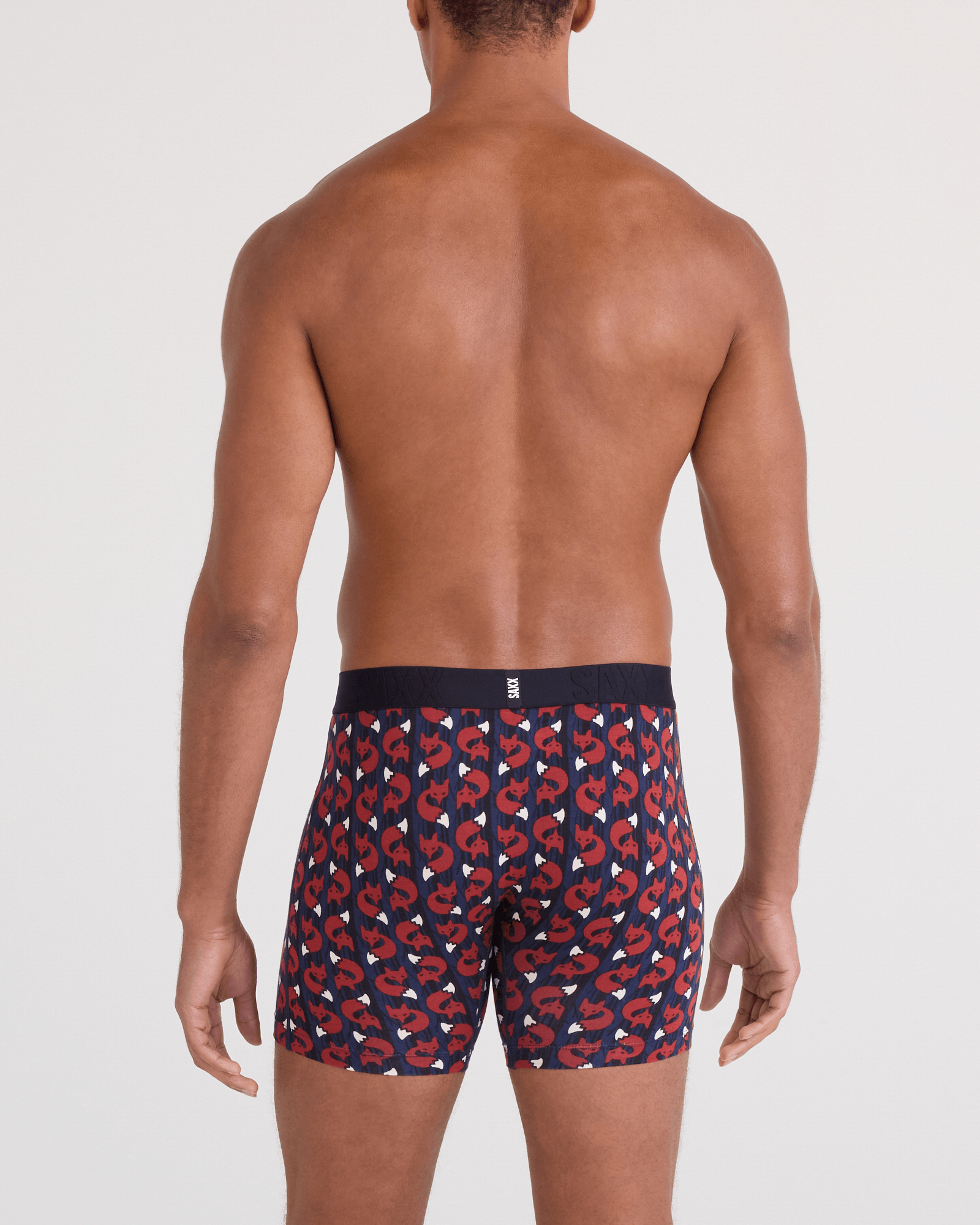 Back - Model wearing DropTemp Cooling Cotton Boxer Brief Fly in Fox Check-Navy