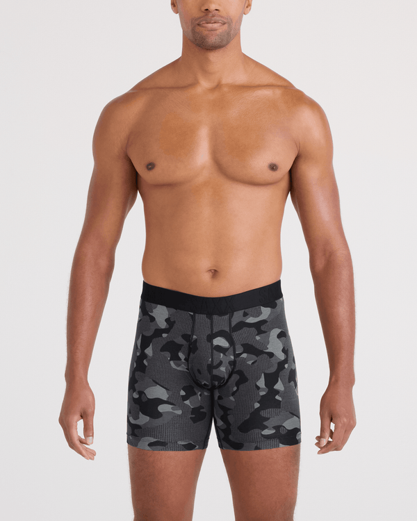Front - Model wearing DropTemp Cooling Cotton Boxer Brief Fly in Pebble Camo-Graphite