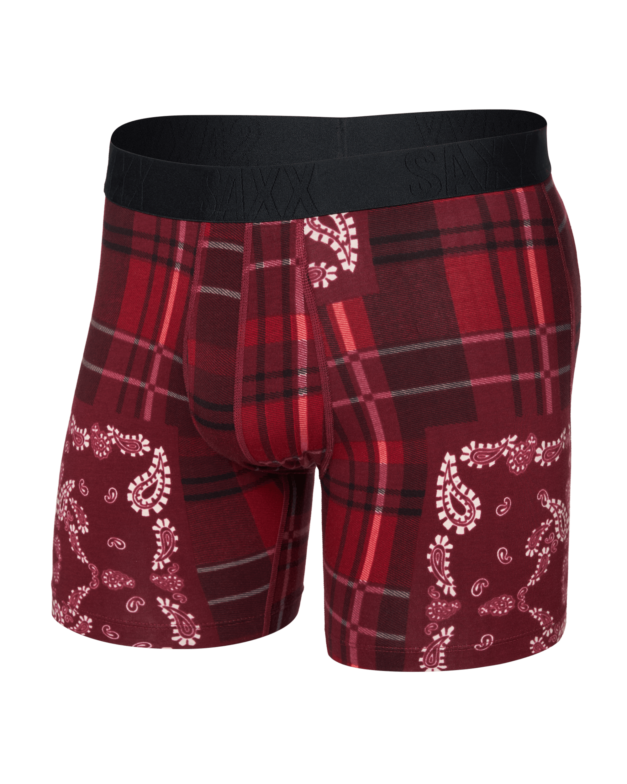 Front of DropTemp Cooling Cotton Boxer Brief Fly in Paisley Plaid-Red