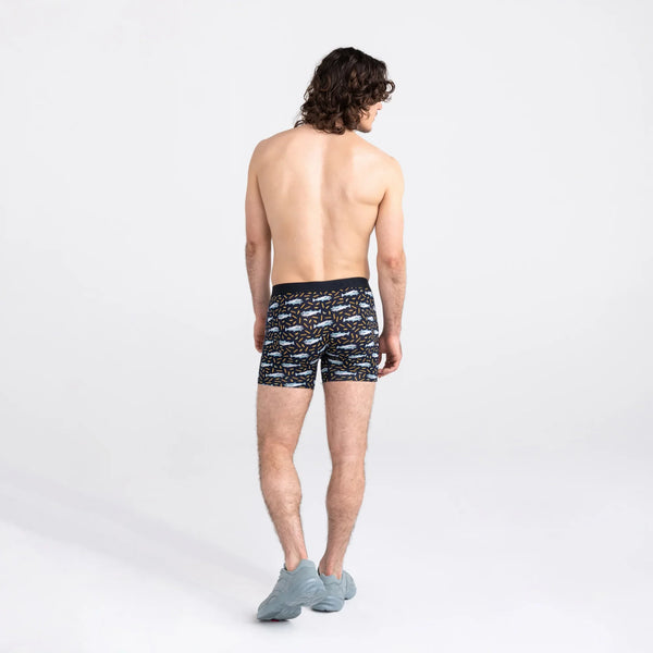 Back - Model wearing Vibe Super Soft Boxer Brief in Fish & Chips- Navy