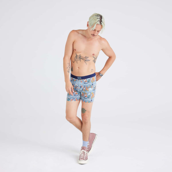 Front - Model wearing Vibe Super Soft Boxer Brief in Fresh Tracks-Desert Blue