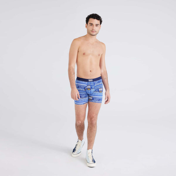 Front - Model wearing Vibe Super Soft Boxer Brief in Hannukah Sweater-Navy