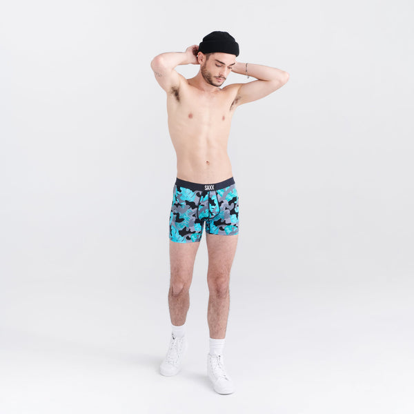 Front - Model wearing Vibe Super Soft Boxer Brief in Island Camo- Black