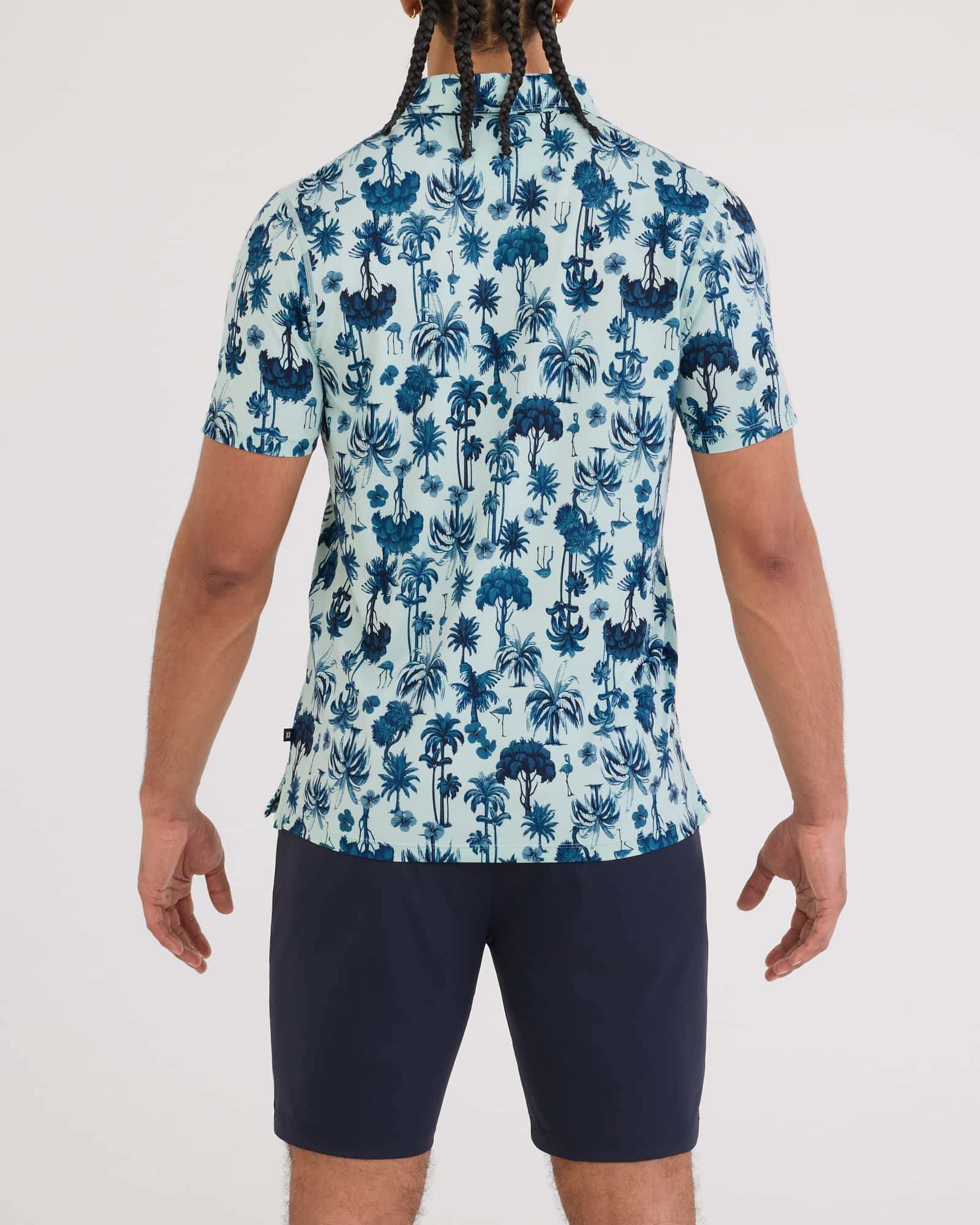 Back - Model wearing Droptemp All Day Cooling Polo in Palm Toile-Mint