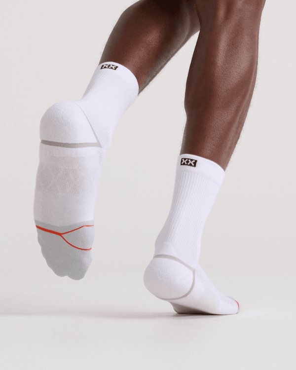 Front - Model wearing Foot Hold Mid-Weight Crew Sock in White