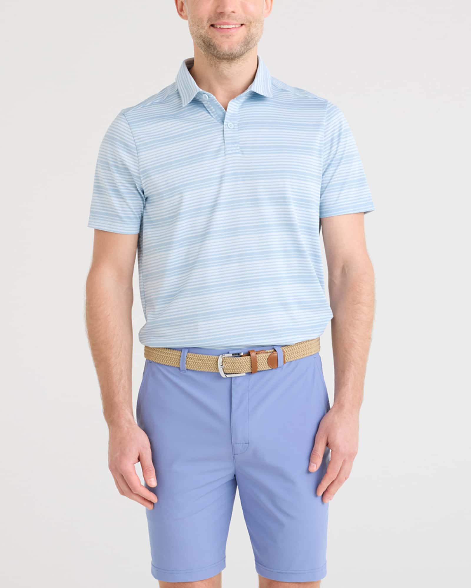Front - Model wearing Droptemp Dry Polo in Shadow Stripe-Light Blue