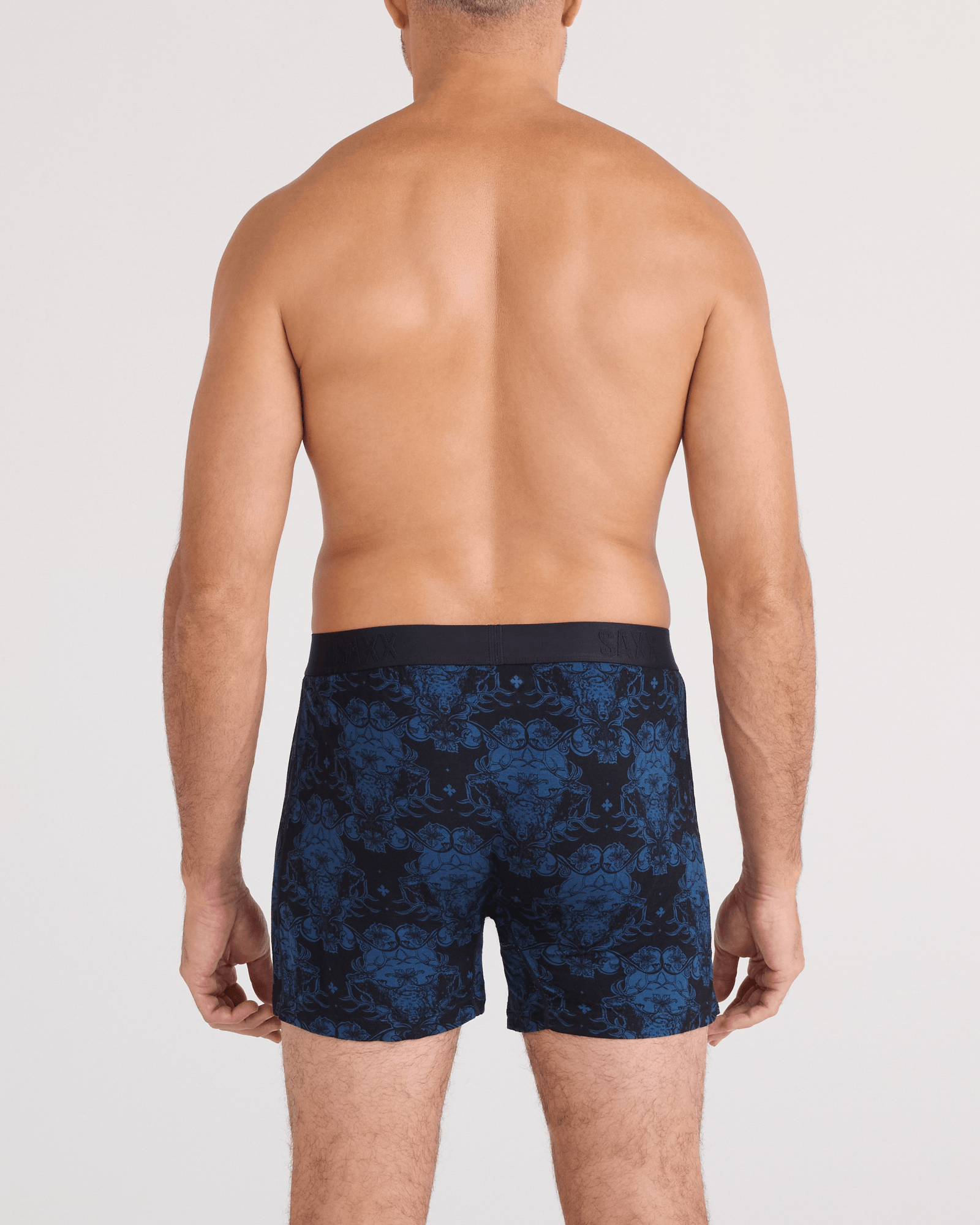 Back - Model wearing Snooze Sleep Boxer Short in Bear Brocade-Dark Denim