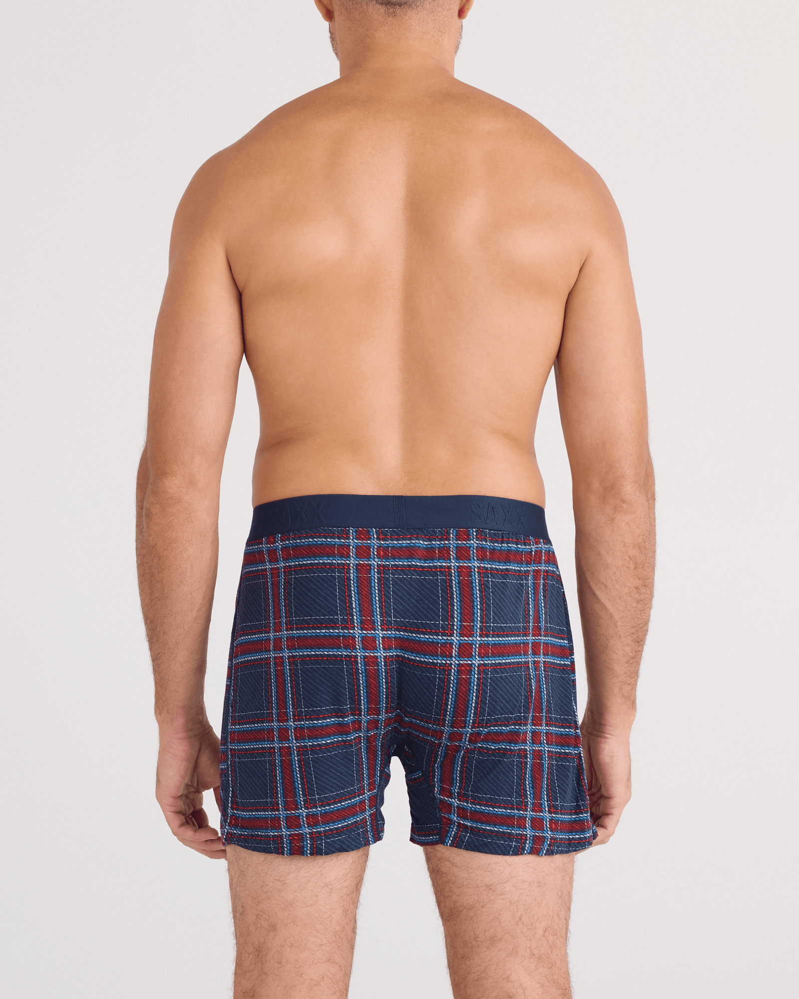 Back - Model wearing Snooze Sleep Boxer Short in Jazzy Plaid-Maritime