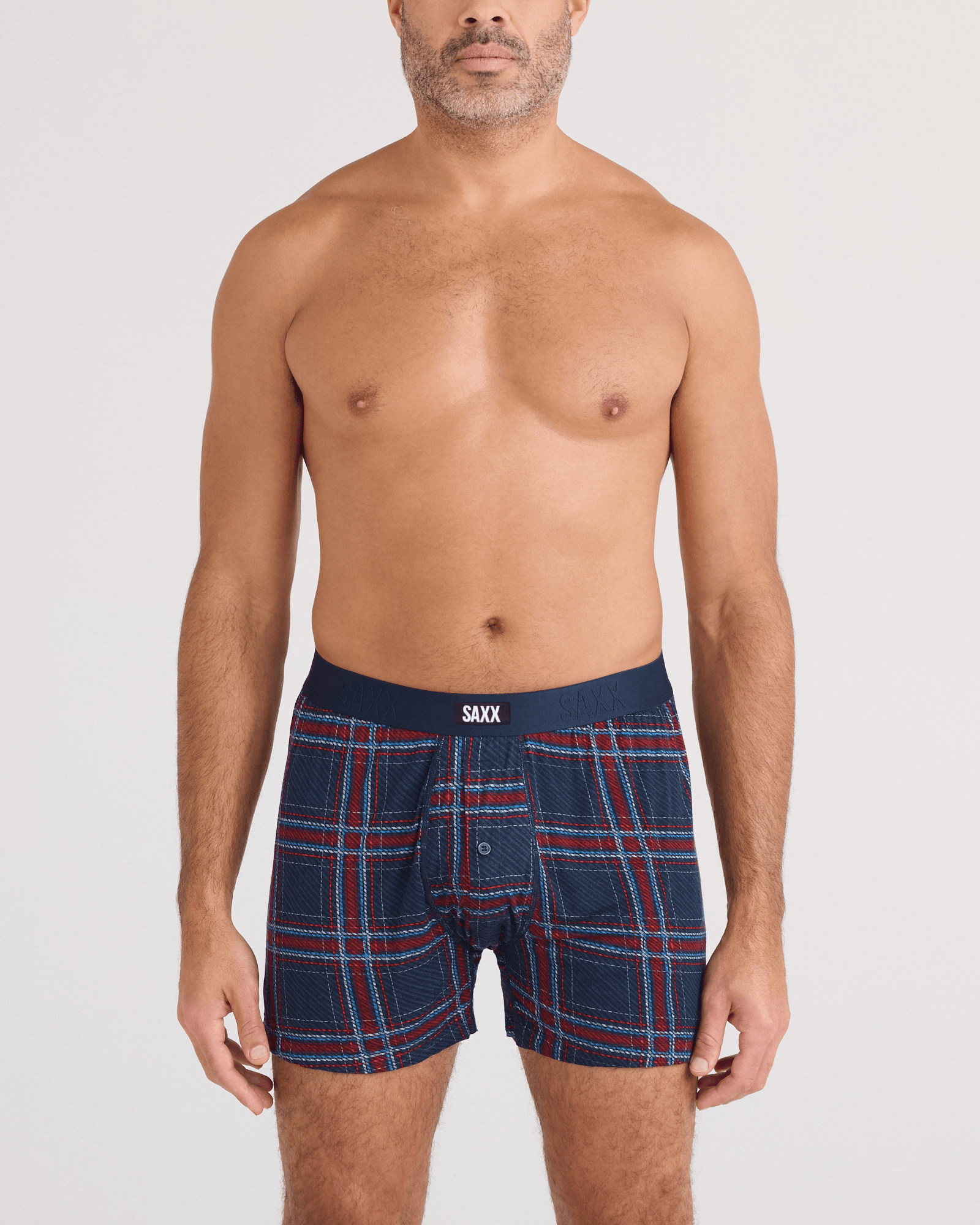 Front - Model wearing Snooze Sleep Boxer Short in Jazzy Plaid-Maritime