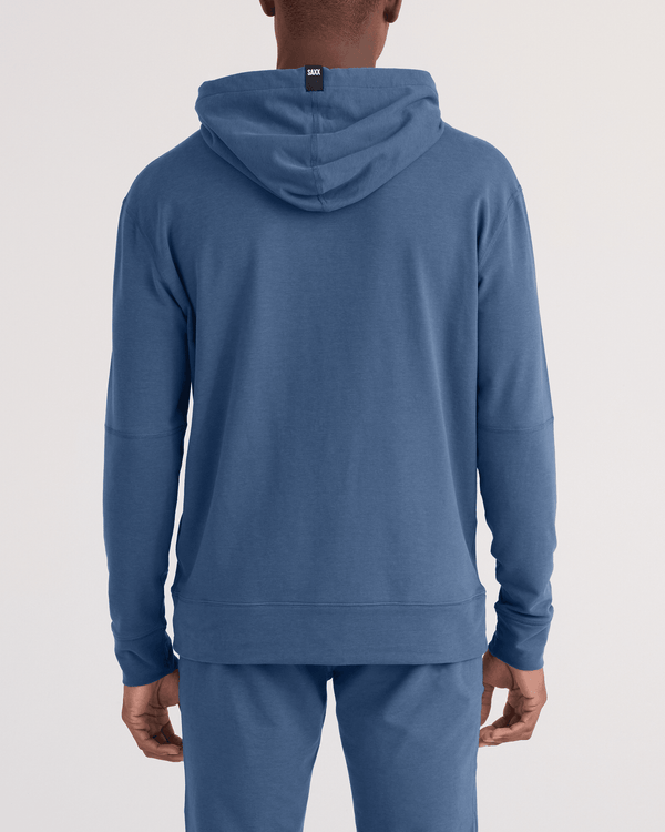 Back - Model wearing 3Six Five Hoodie in Washed Indigo