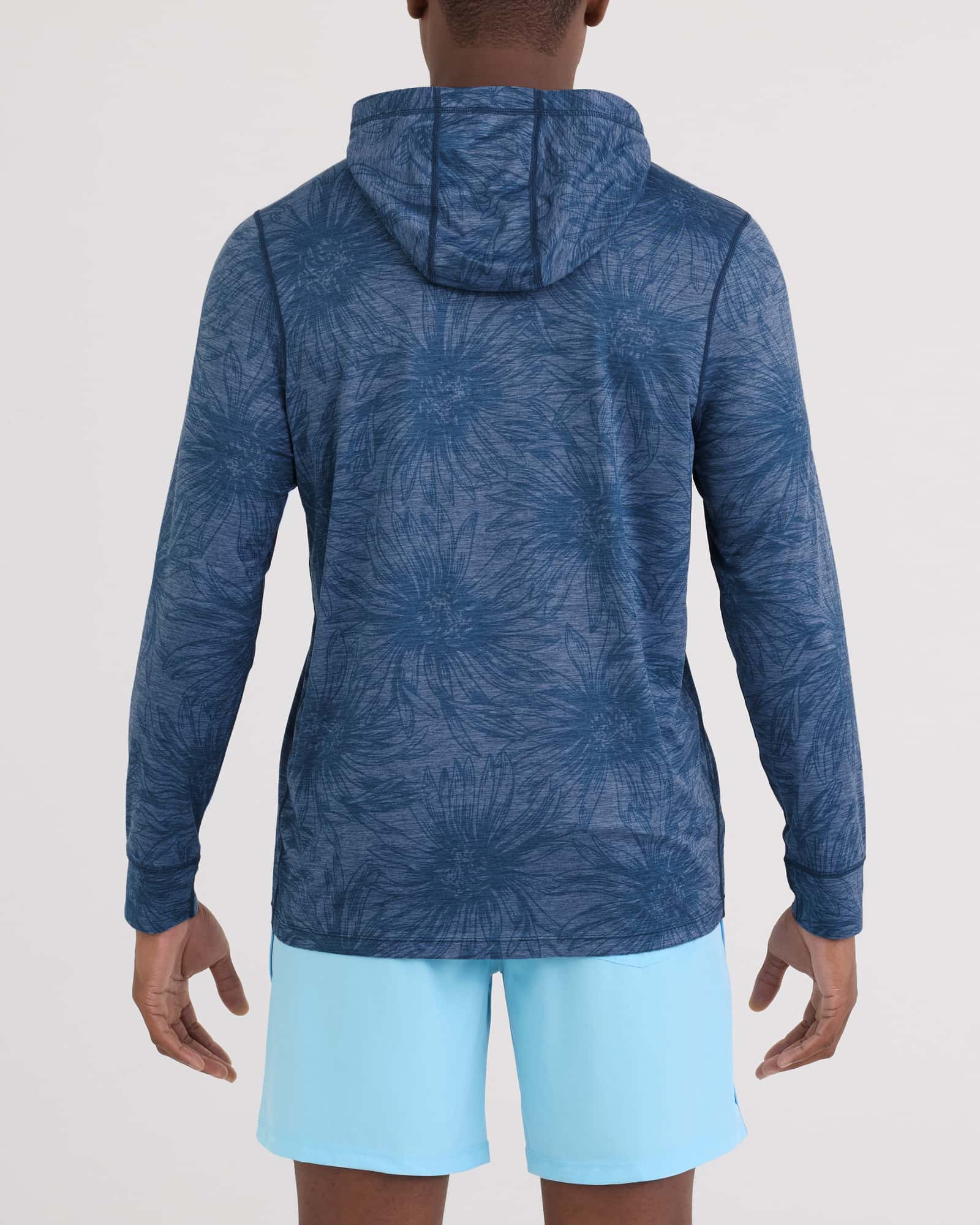 Back - Model wearing Droptemp All Day Cooling Hoodie in Big Daisy-Denim Heather