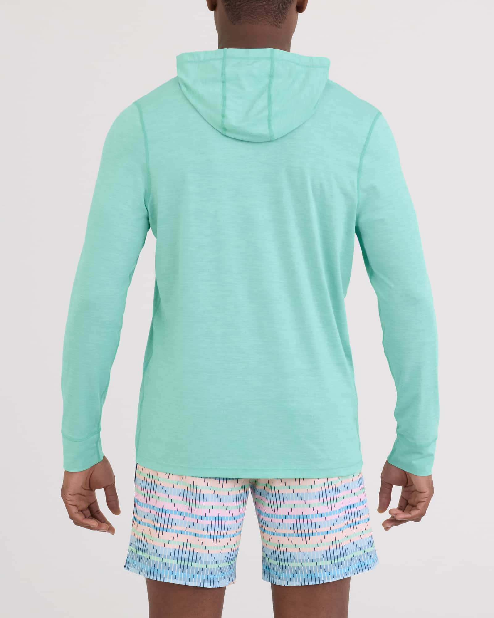 Back - Model wearing Droptemp All Day Cooling Hoodie in Mint Jelly Heather