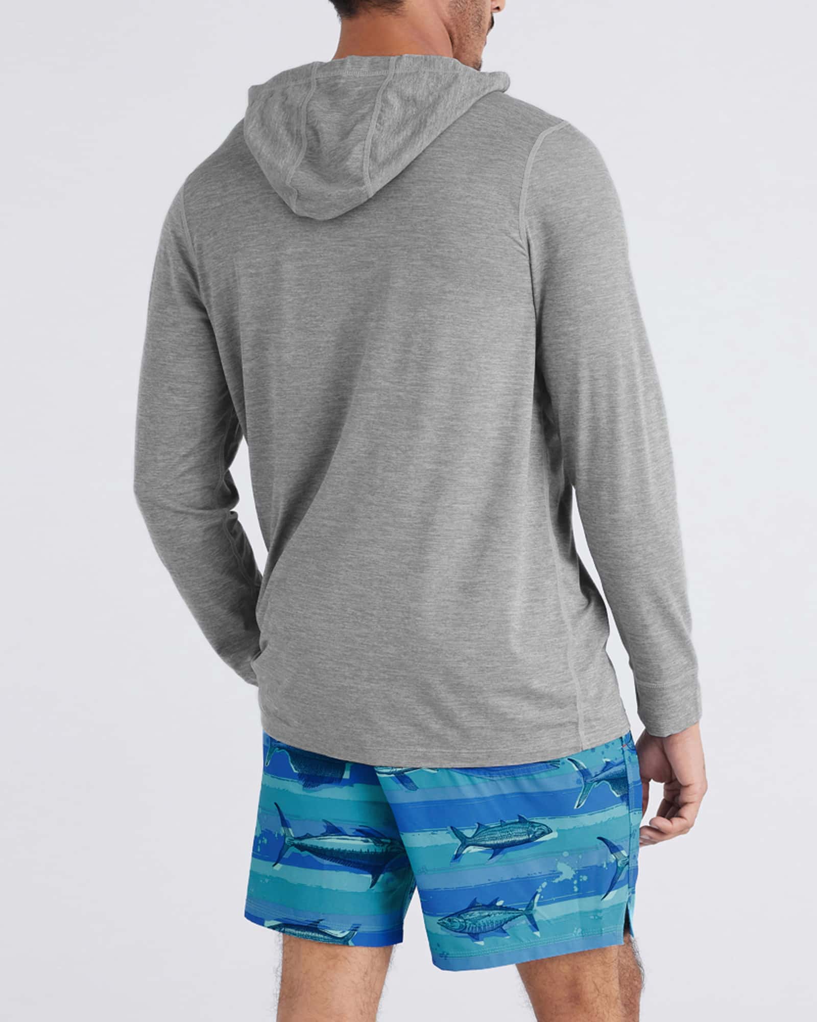 Back - Model wearing Oh Buoy 2N1 Volley 7" in Fish On-Blue Moon