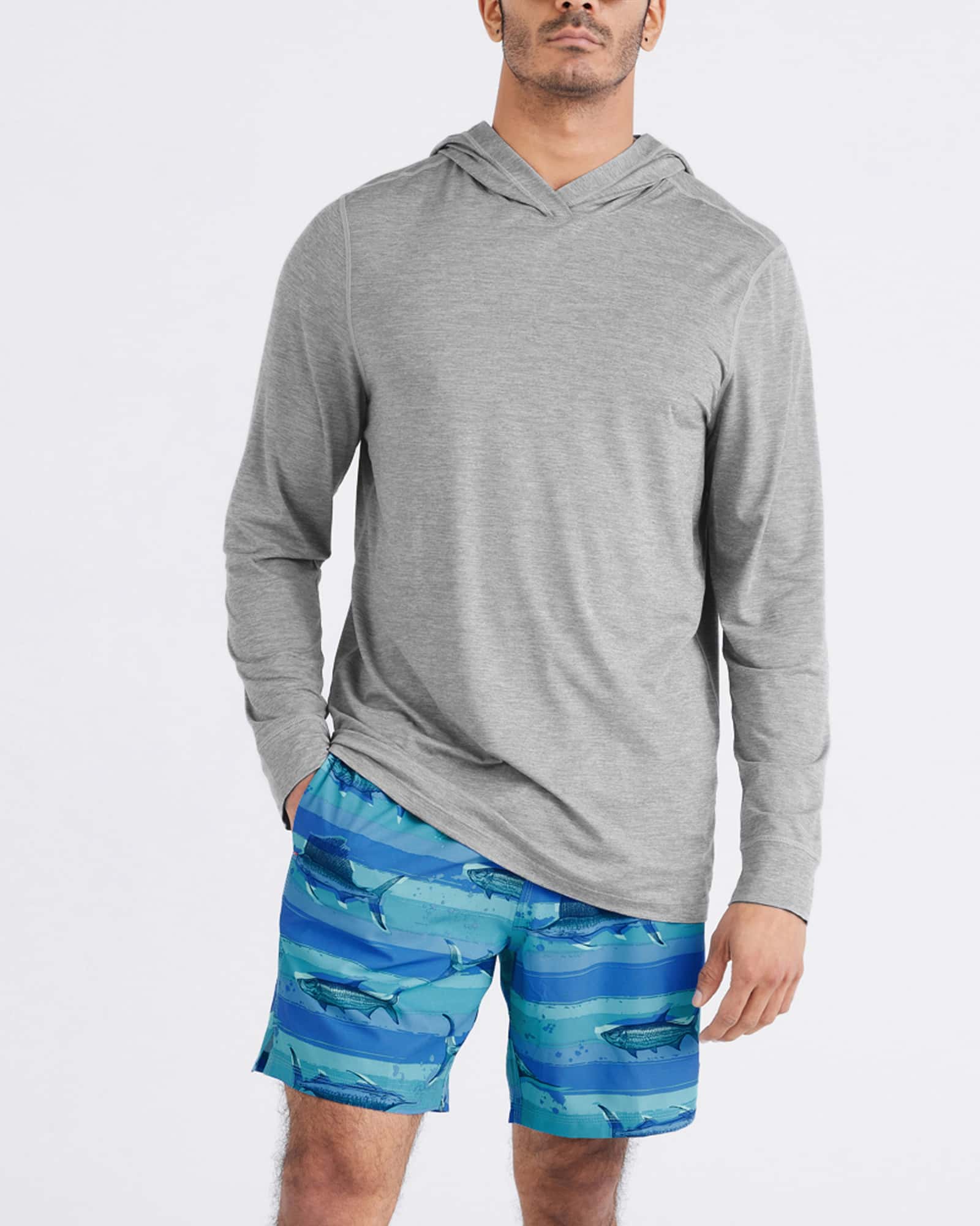 Front - Model wearing Droptemp All Day Cooling Hoodie in Tradewinds Heather