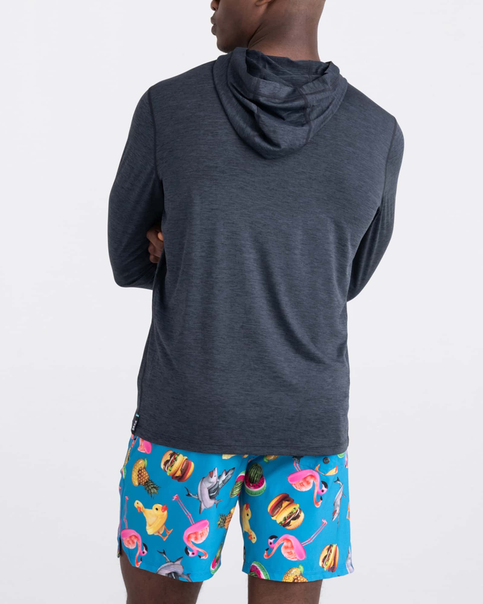 Back - Model wearing Droptemp All Day Cooling Hoodie in Turbulence Heather