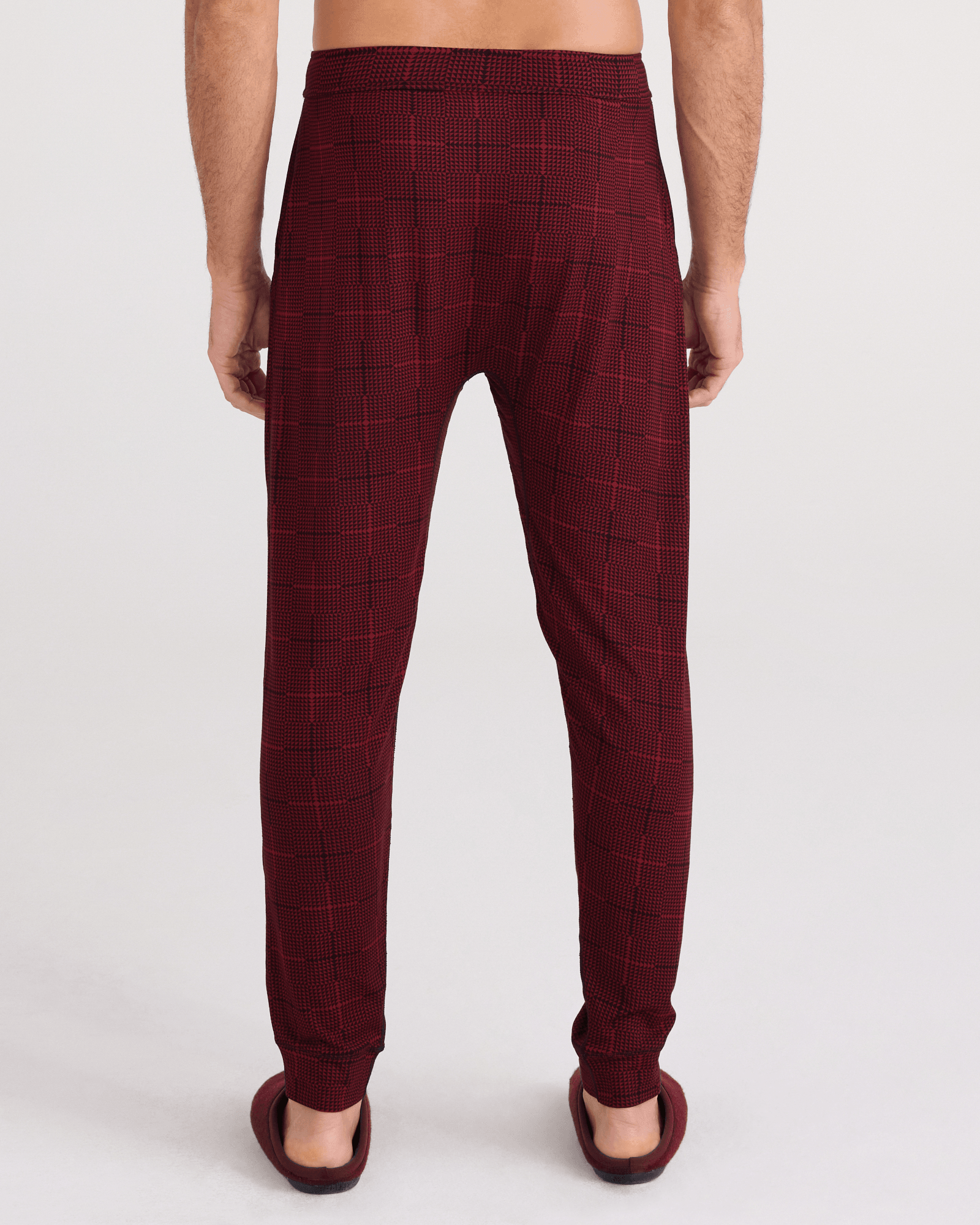 Back - Model wearing  Snooze Sleep Pant in Rad Plaid-Cabernet