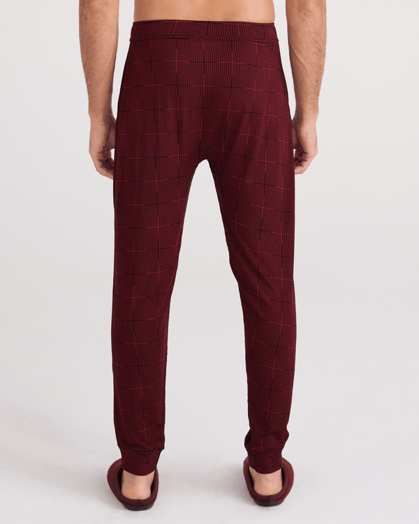 Back - Model wearing Snooze Sleep Pant in Rad Plaid-Cabernet