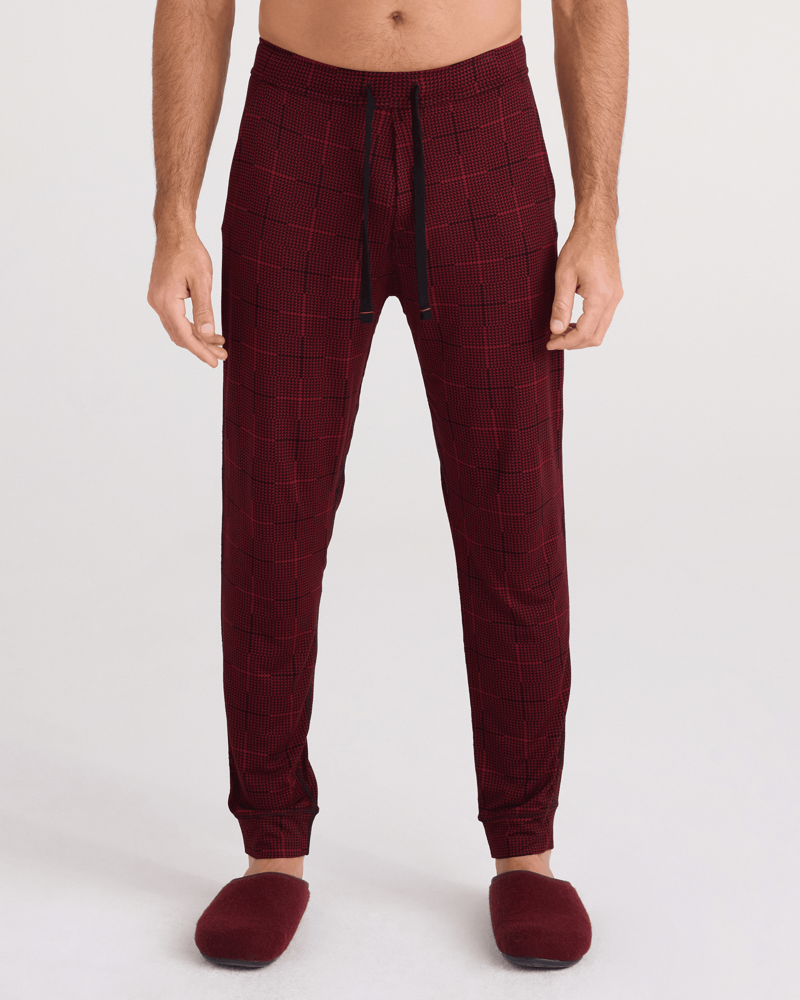 Front - Model wearing  Snooze Sleep Pant in Rad Plaid-Cabernet