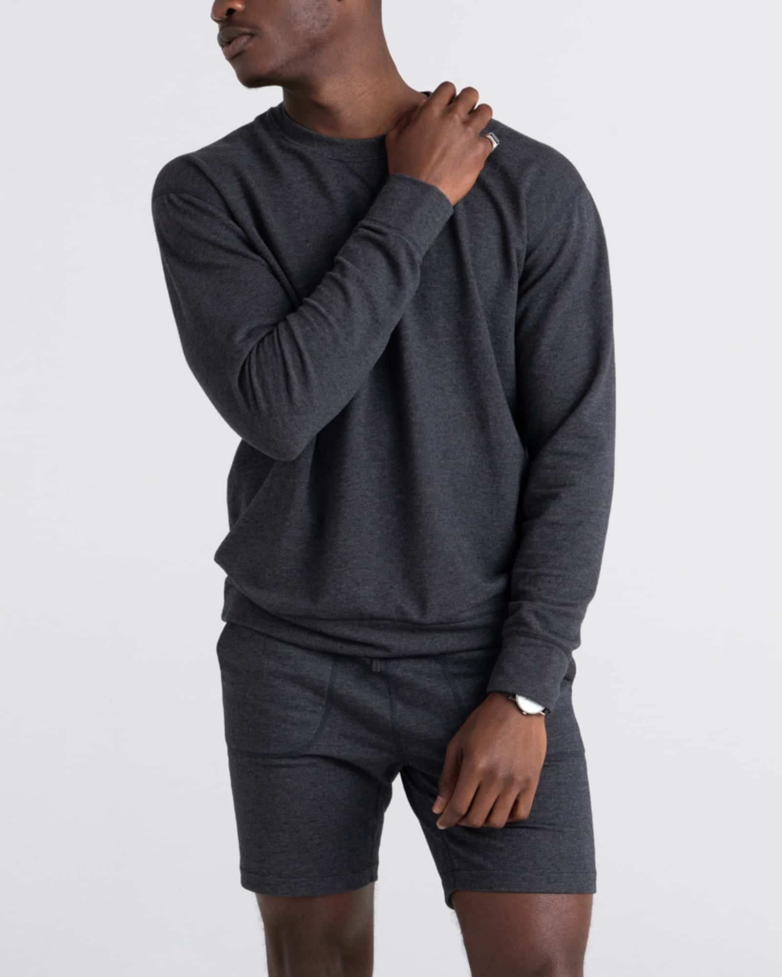Front - Model wearing 3Six Five Long Sleeve Crew in Black Heather