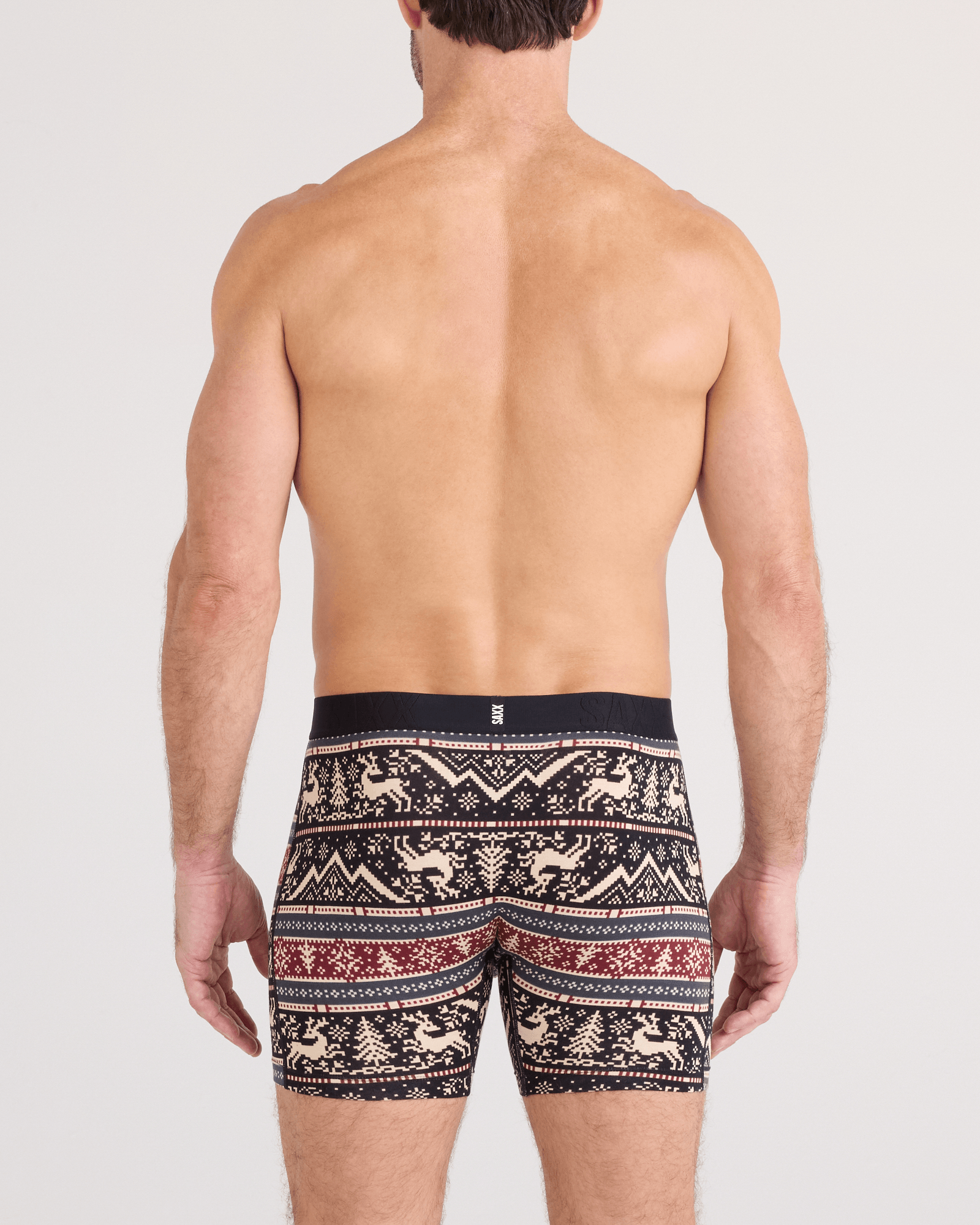 Back - Model wearing DropTemp Cooling Cotton Boxer Brief Fly 2 Pack in Caribou/Black
