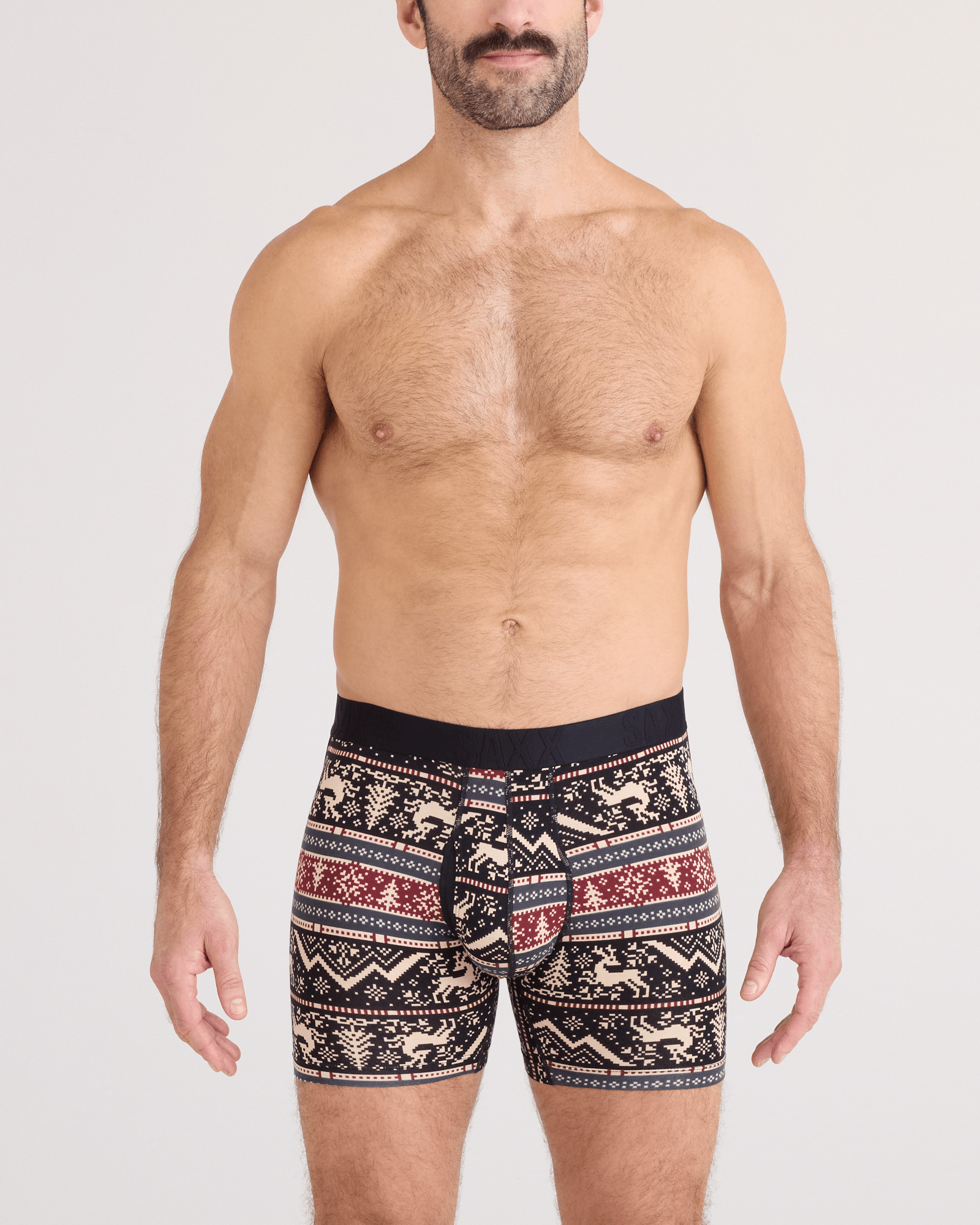 Front - Model wearing DropTemp Cooling Cotton Boxer Brief Fly 2 Pack in Caribou/Black