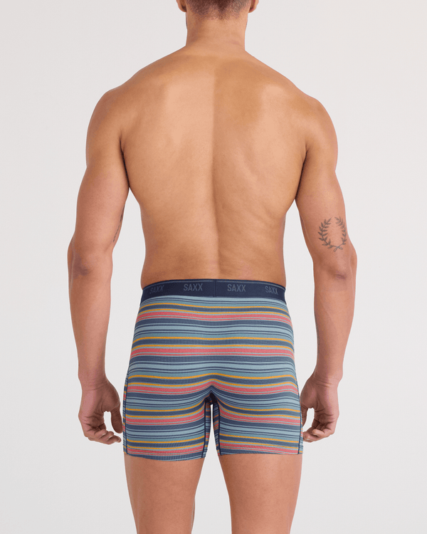 Back - Model wearing Quest Quick-Dry Mesh Boxer Brief Fly 2 Pack in Harvest Stripe/Maritime