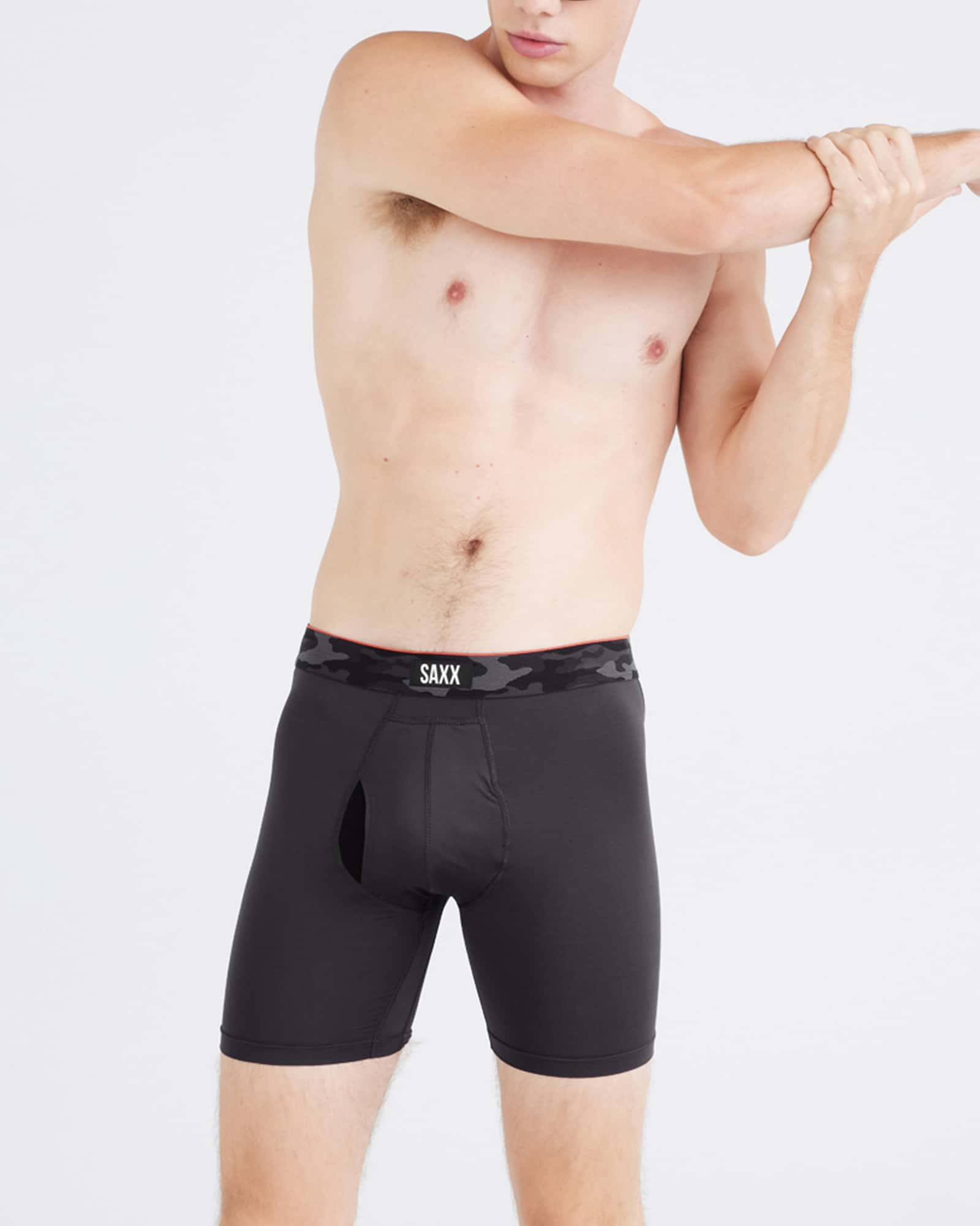 Front - Model wearing Multi-Sport Mesh Boxer Brief Fly 2Pk in Remote Camo Waistband/Black