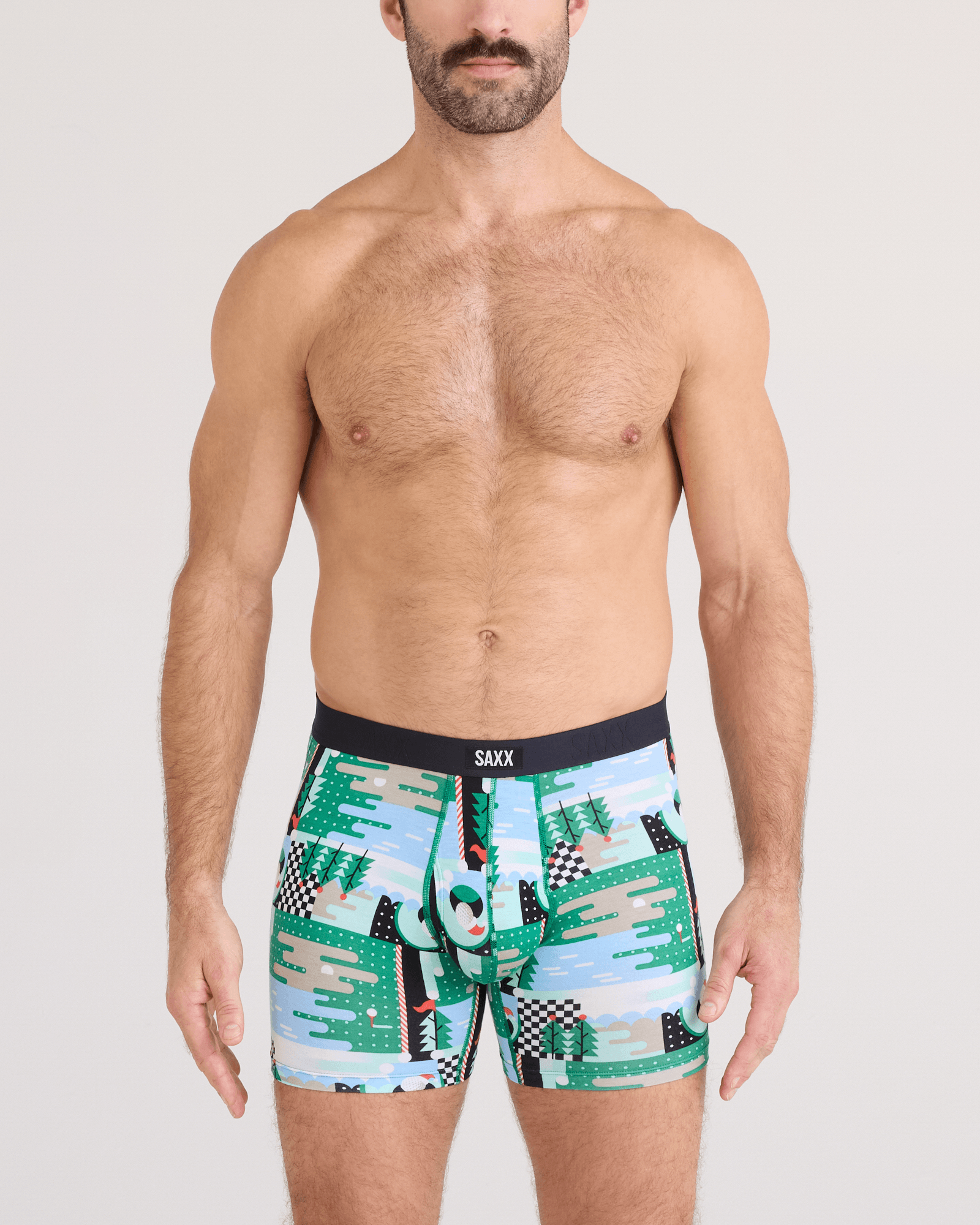 Front - Model wearing Vibe Xtra Soft Comfort Boxer Brief Fly 2 Pack in Geo Golf/Black