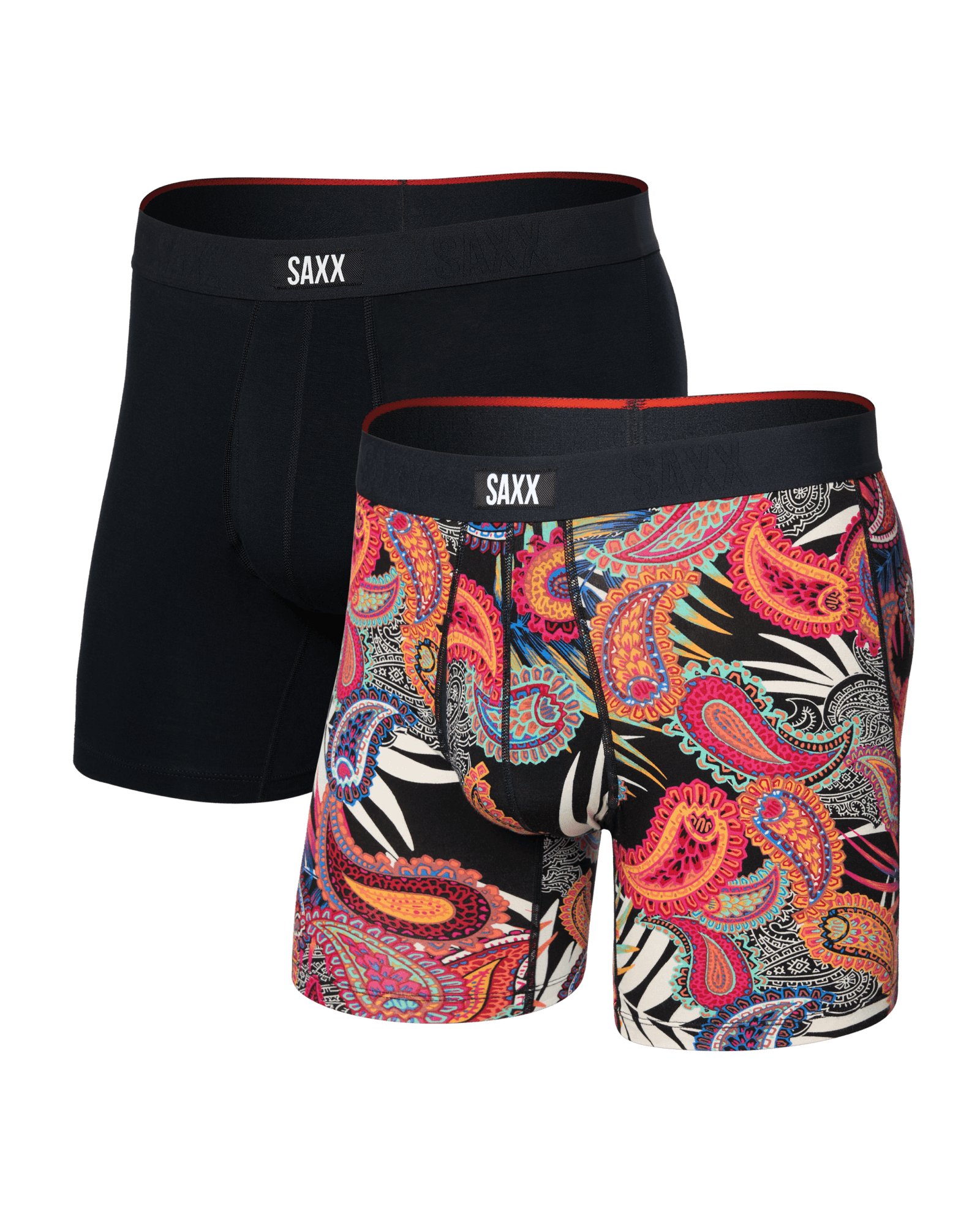 Front of  Vibe Xtra Soft Comfort Boxer Brief Fly 2 Pack in Jungle Paisley/Black