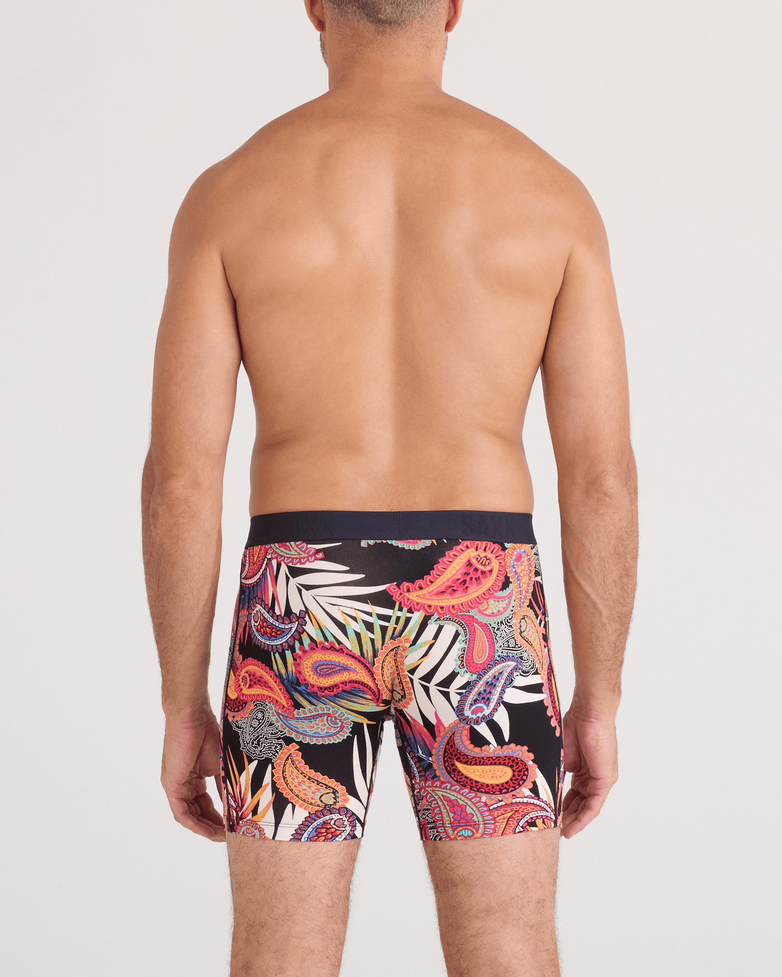 Back - Model wearing  Vibe Xtra Soft Comfort Boxer Brief Fly 2 Pack in Jungle Paisley/Black