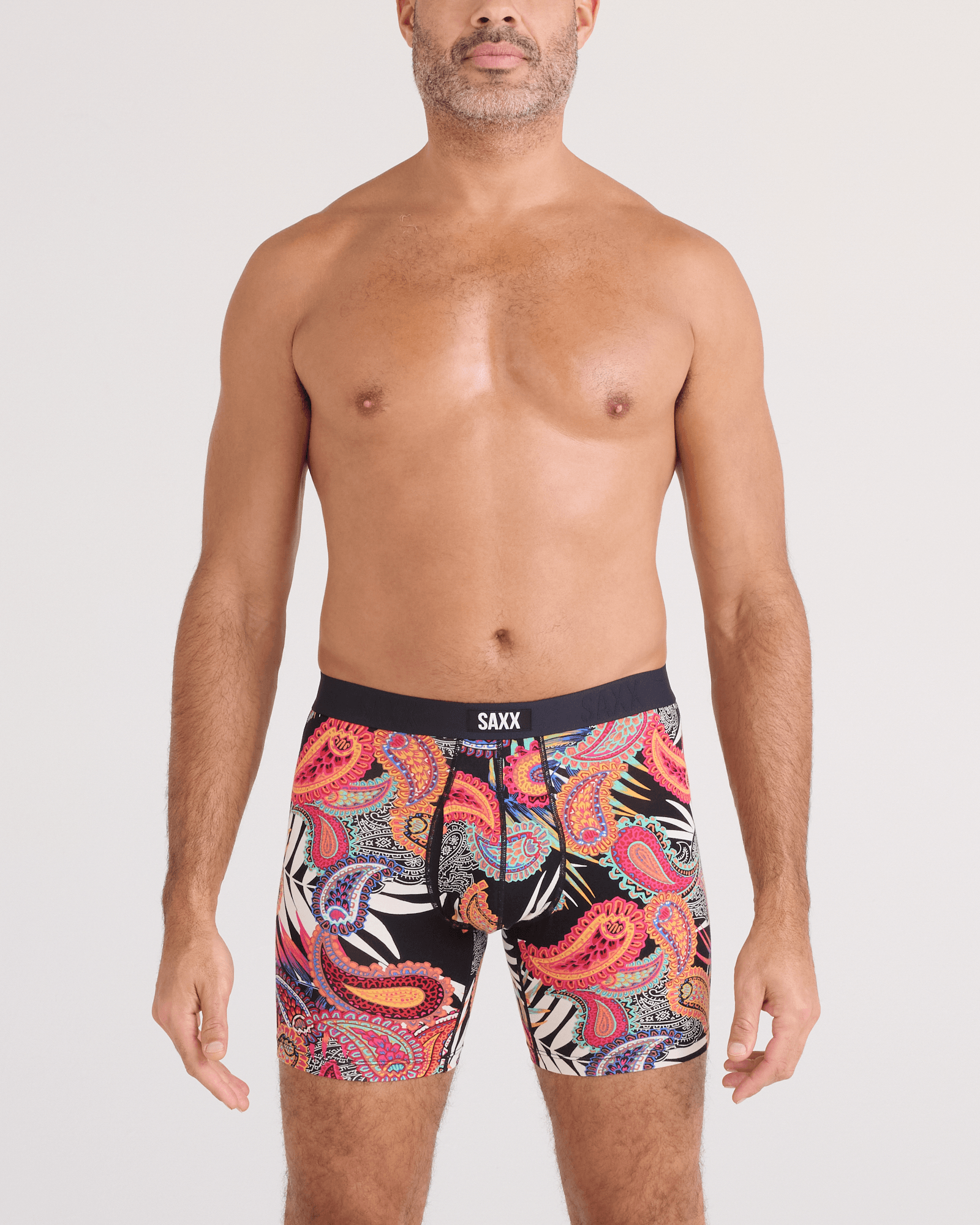 Front - Model wearing  Vibe Xtra Soft Comfort Boxer Brief Fly 2 Pack in Jungle Paisley/Black