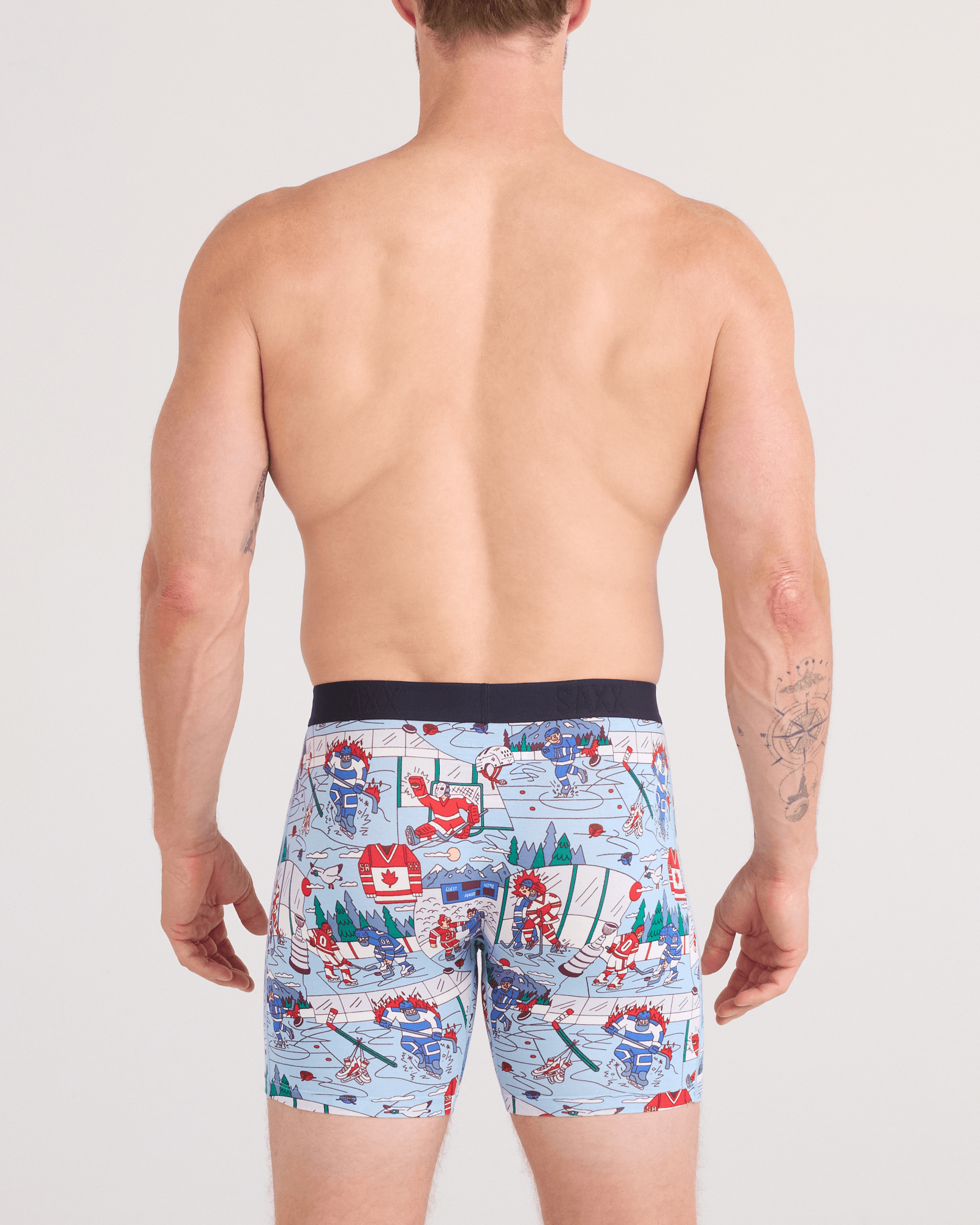 Back - Model wearing Vibe Xtra Soft Comfort Boxer Brief Fly 2 Pack in Mitts And Lumber/Black