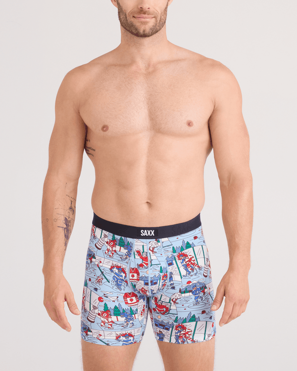 Front - Model wearing Vibe Xtra Soft Comfort Boxer Brief Fly 2 Pack in Mitts And Lumber/Black