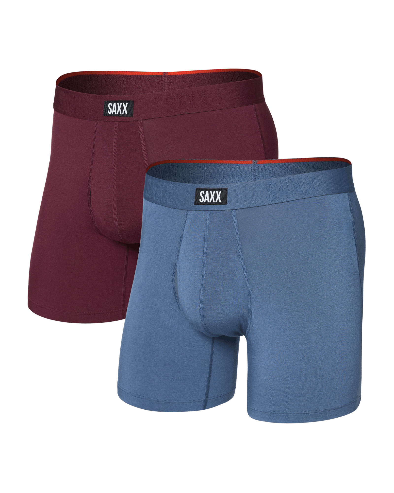 Front of  Vibe Xtra Soft Comfort Boxer Brief Fly 2 Pack in Maroon/Washed Indigo