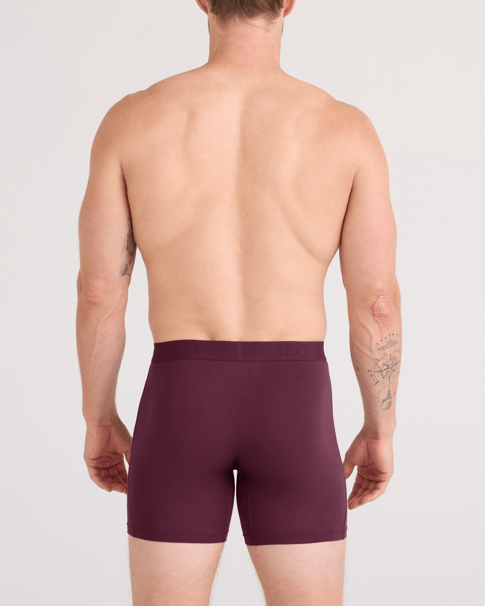 Back - Model wearing  Vibe Xtra Soft Comfort Boxer Brief Fly 2 Pack in Maroon/Washed Indigo