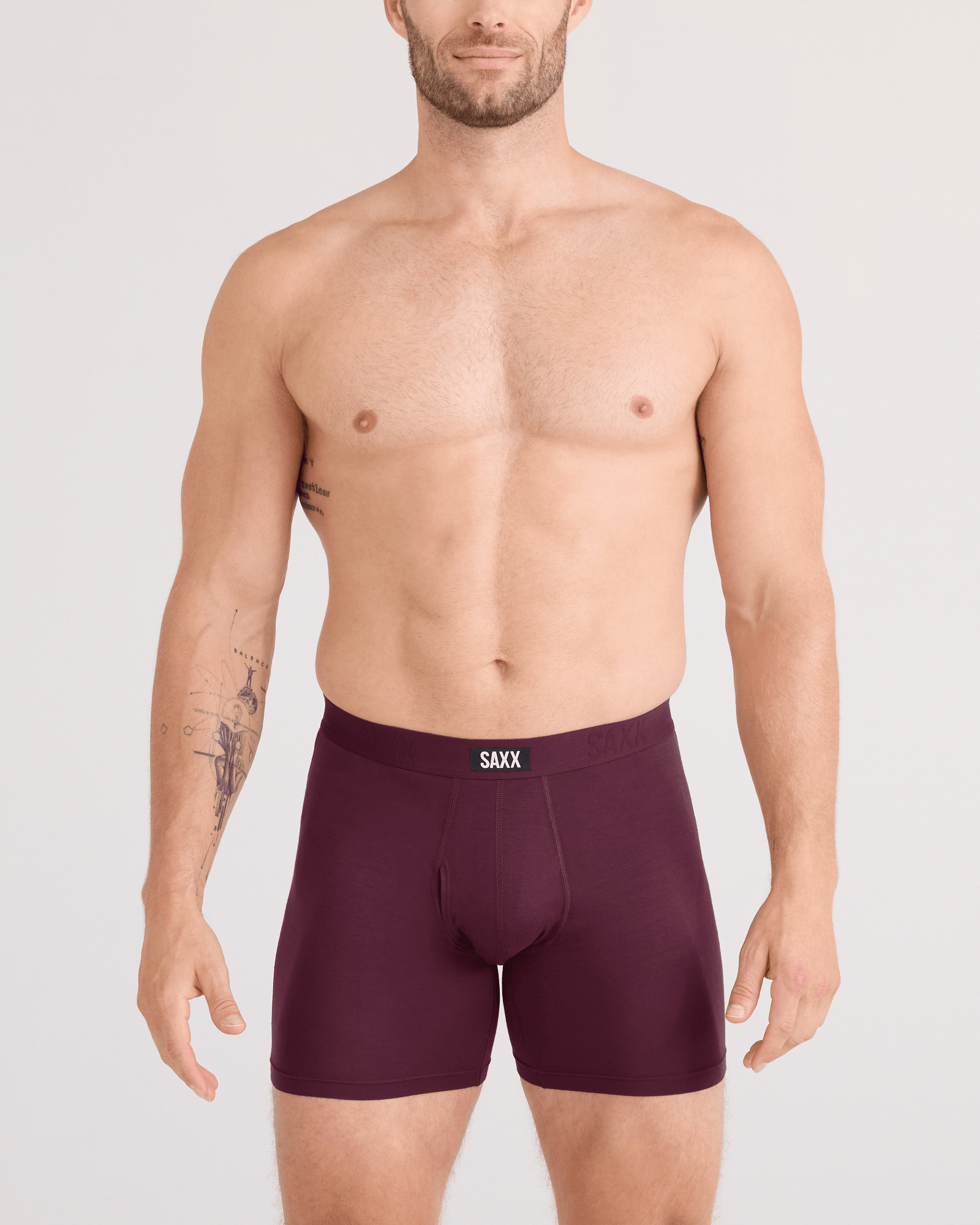 Front - Model wearing  Vibe Xtra Soft Comfort Boxer Brief Fly 2 Pack in Maroon/Washed Indigo