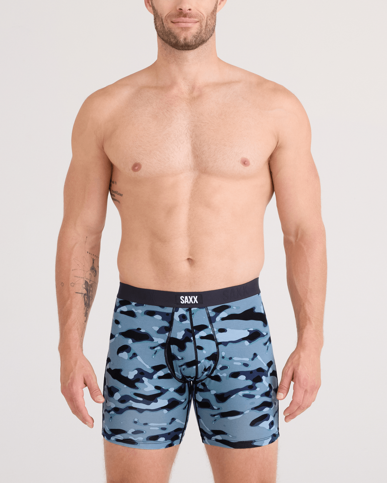 Front - Model wearing Vibe Xtra Soft Comfort Boxer Brief Fly 2 Pack in Pond Camo/Navy