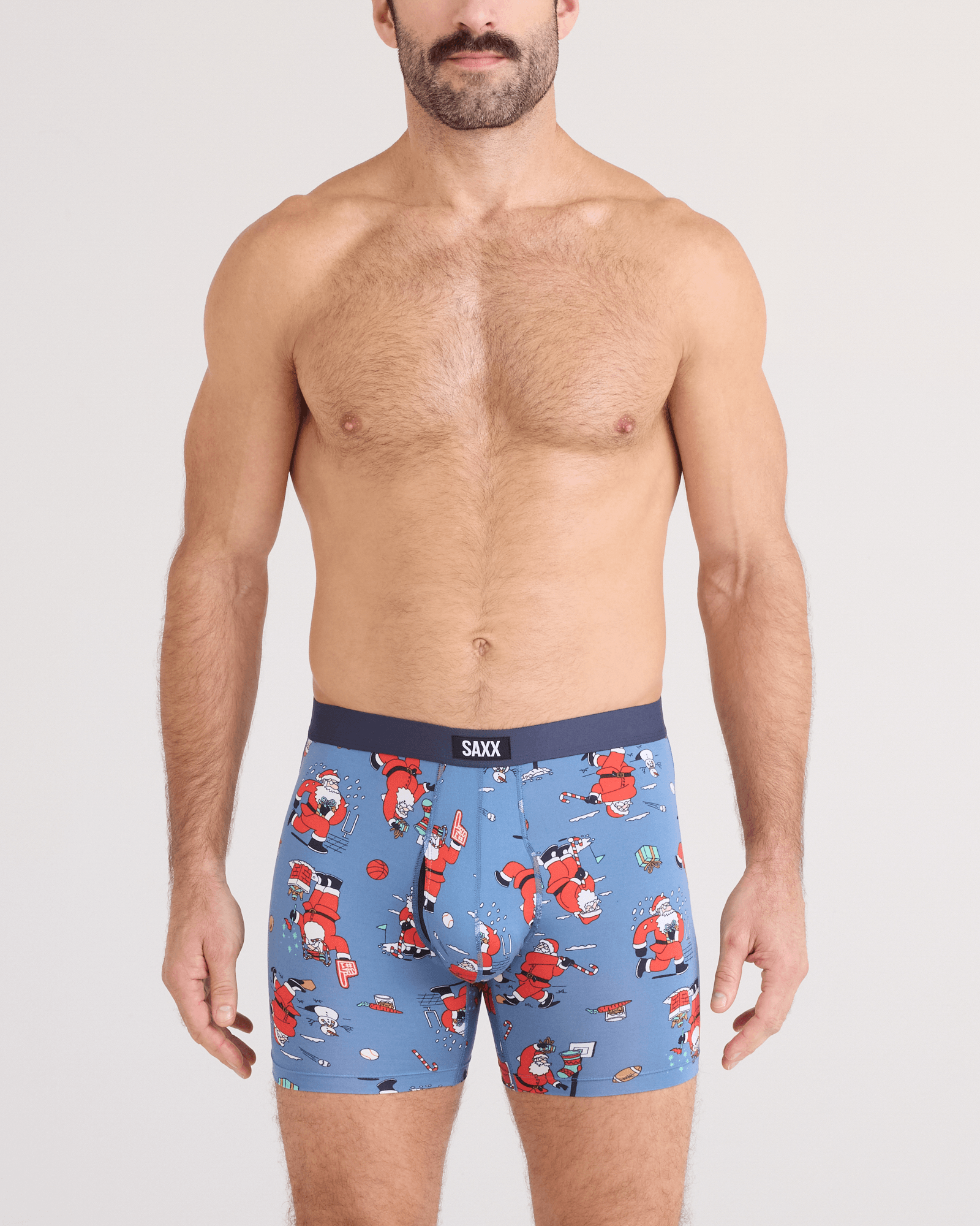 Front - Model wearing Daytripper Comfort Stretch Boxer Brief Fly 3 Pack in Santathalon/Stripe/Navy