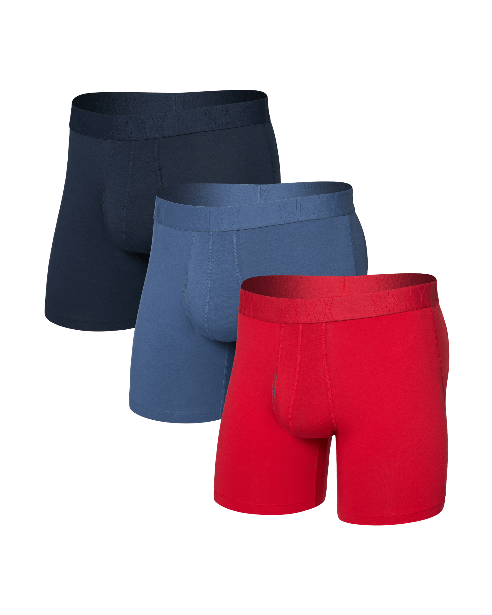 Front of  DropTemp Cooling Cotton Boxer Brief Fly 3 Pack in Red/Indigo/Dark Ink