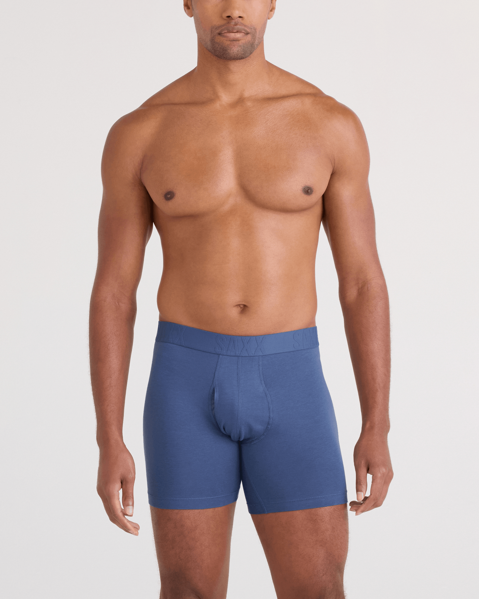 Front - Model wearing  DropTemp Cooling Cotton Boxer Brief Fly 3 Pack in Red/Indigo/Dark Ink