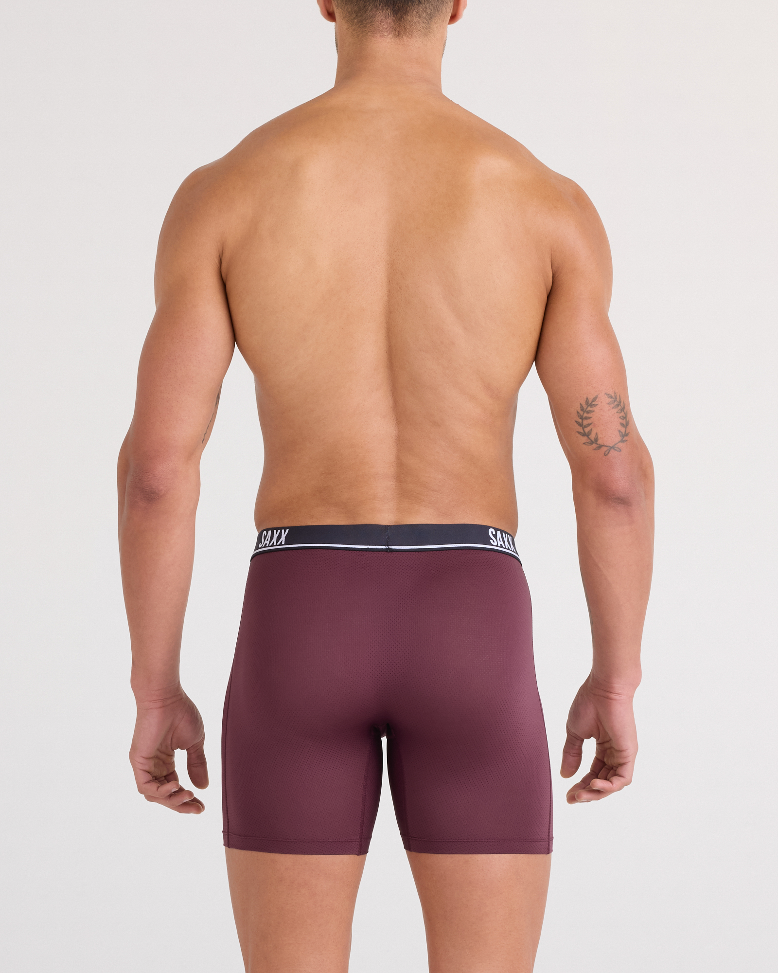 Back - Model posing in Essential Performance Mesh Boxer Brief in Maroon