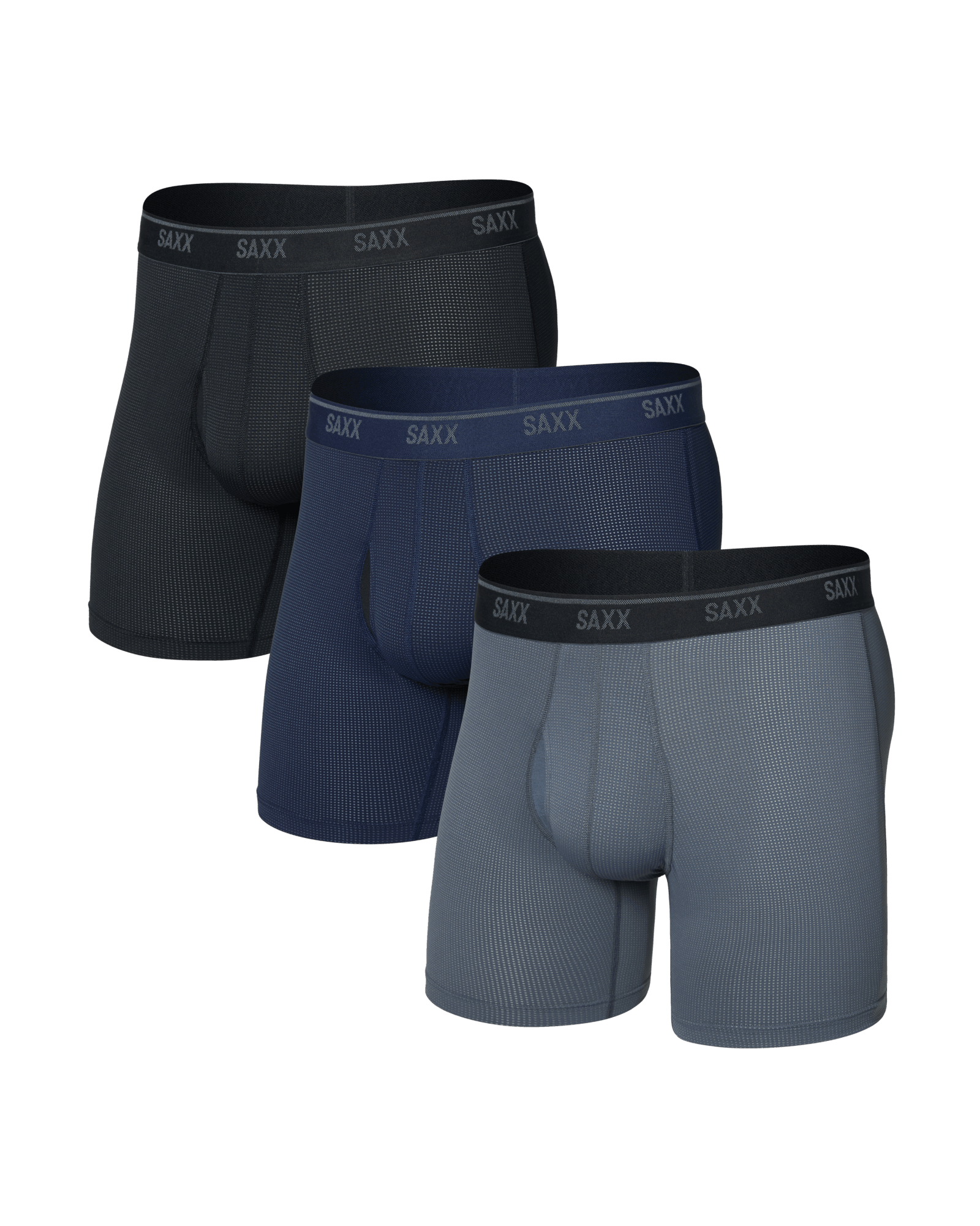 Front of  Quest Quick-Dry Mesh Boxer Brief Fly 3 Pack in Black/Turbulence/Maritime