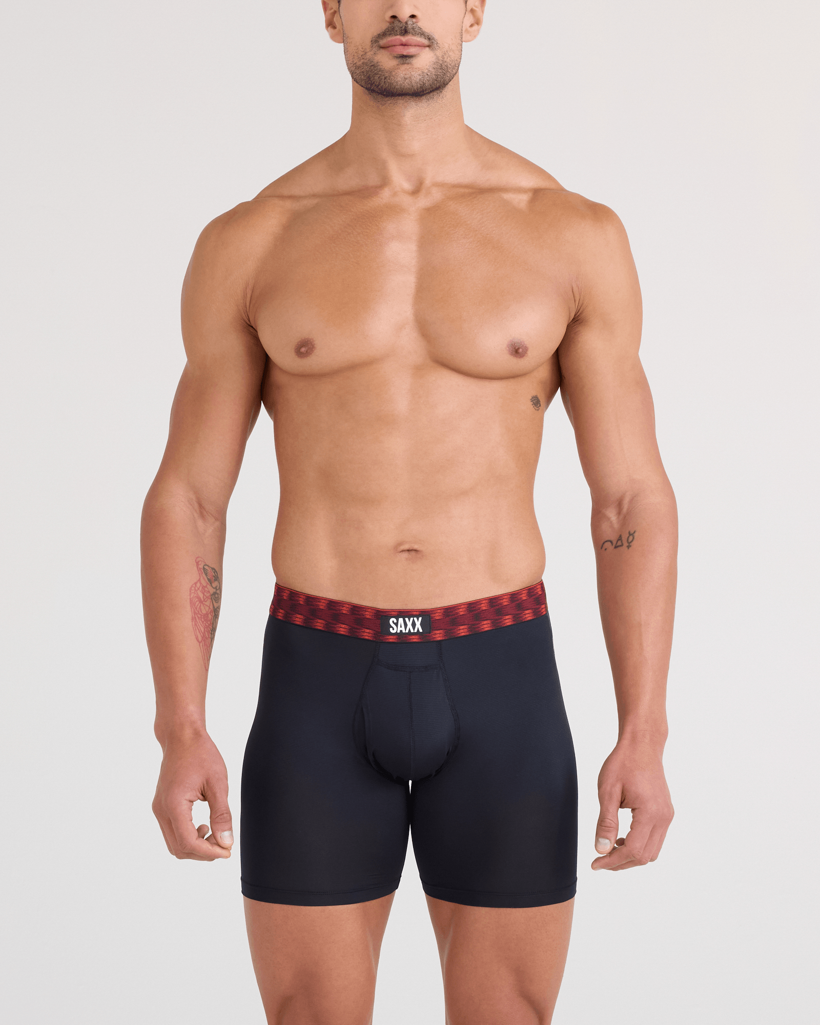 Front - Model wearing  Multi-Sport Mesh Boxer Brief Fly 3 Pack in Red/Mint/Blue Jagged Waistband