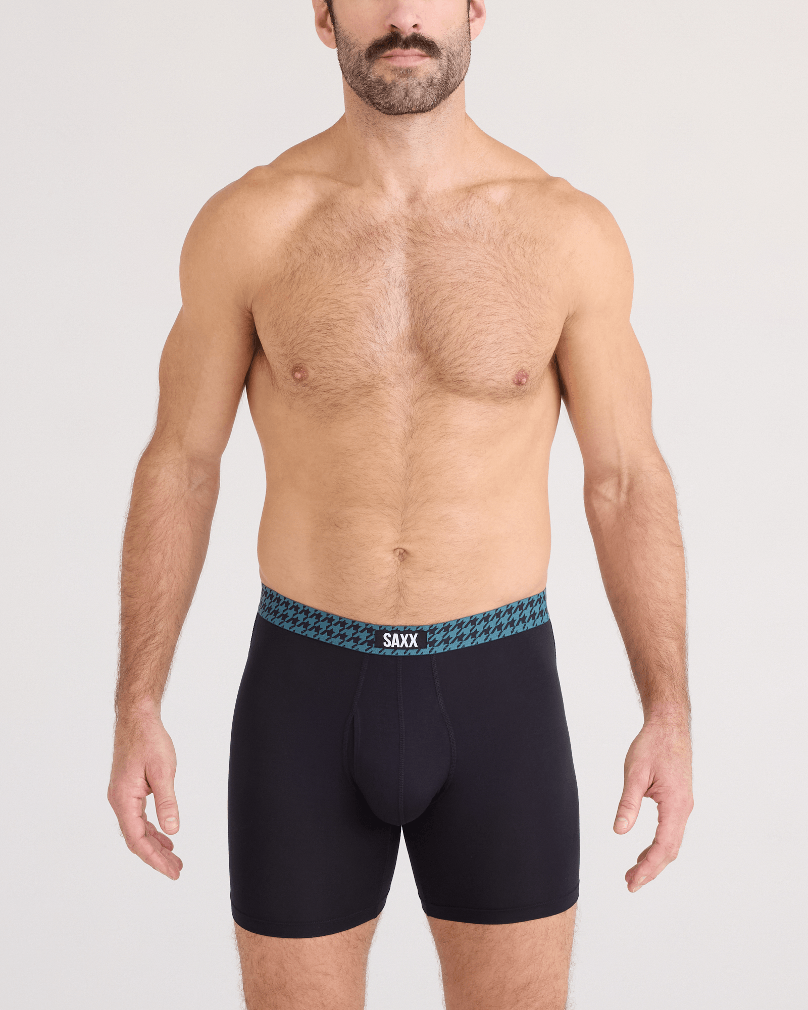 Front - Model wearing Vibe Xtra Soft Comfort Boxer Brief Fly 3 Pack in Pineapple/Houndstooth/Black