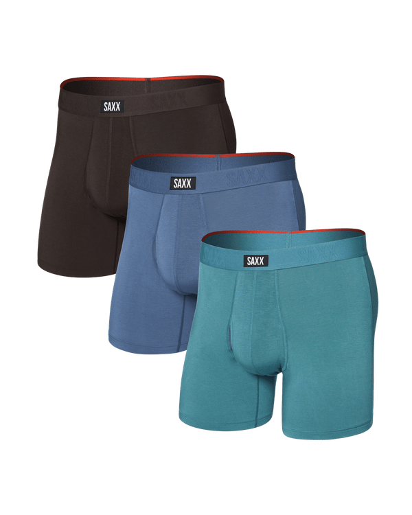 Front of Vibe Xtra Soft Comfort Boxer Brief Fly 3 Pack in Seascape/Indigo/Dark Chocolate