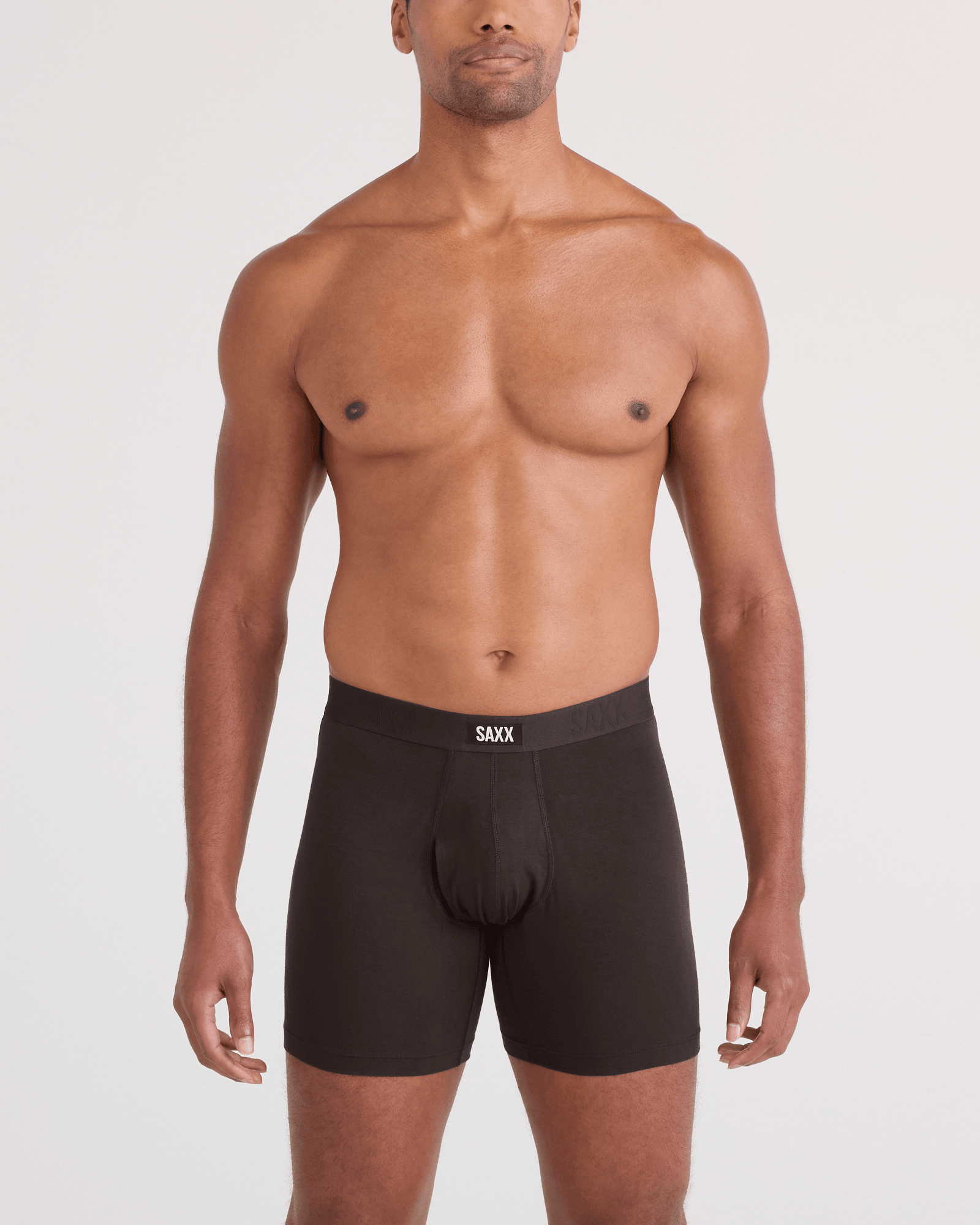 Front - Model wearing  Vibe Xtra Soft Comfort Boxer Brief Fly 3 Pack in Seascape/Indigo/Dark Chocolate
